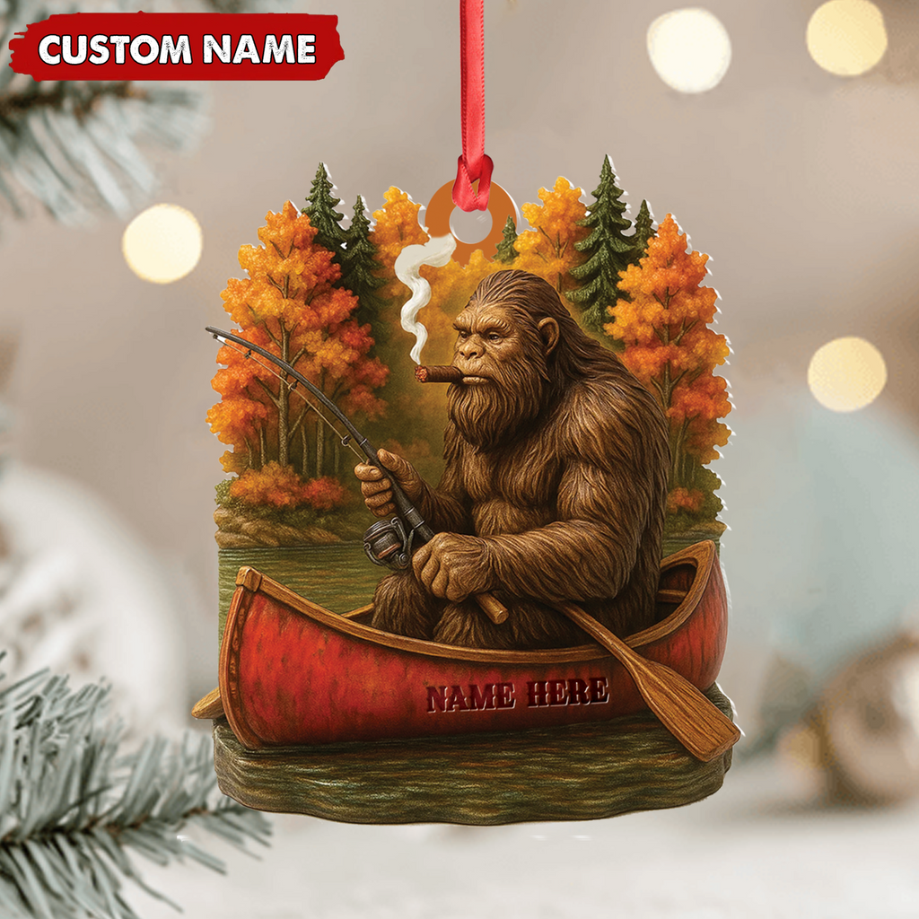 Personalized Bigfoot Fishing Ornament, Funny Sasquatch in Canoe Christmas Decor, Unique Gift for Fishermen and Outdoor Lovers