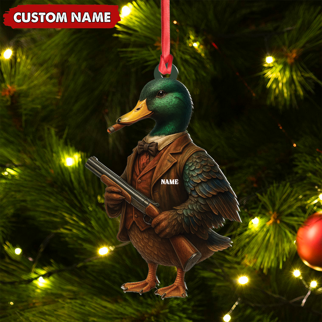 Personalized Funny Duck Hunter Ornament, Dapper Mallard with Gun Christmas Decor, Unique Gag Gift for Hunters and Men