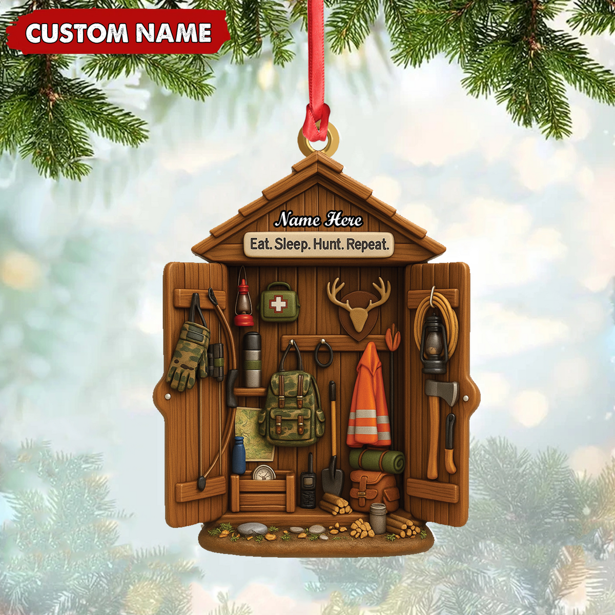 Personalized Hunter Gear Acrylic Ornament – Custom Name “Eat Sleep Hunt Repeat” Christmas Gift for Hunters