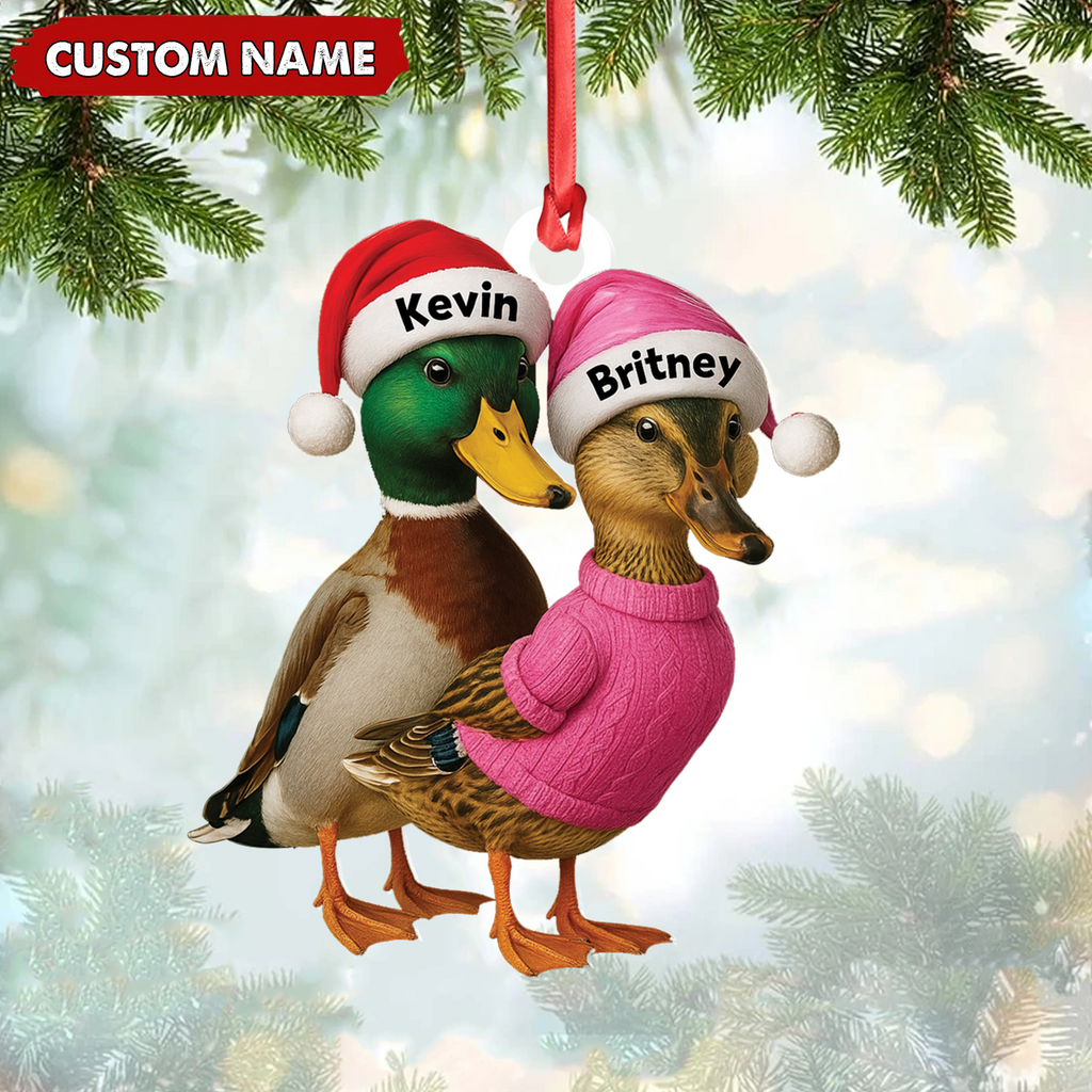 Custom Funny Duck Couple Christmas Ornament – Personalized Names, Custom Gift for Couples & Animal Lovers