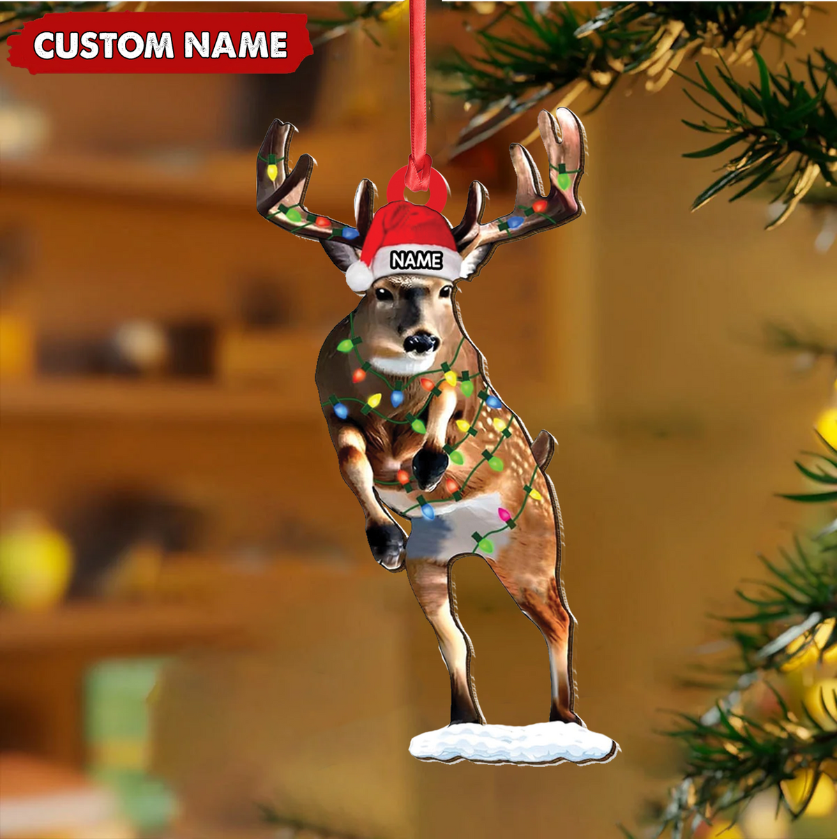 Personalized Deer Acrylic Christmas Ornament – Custom Name Buck with Lights Holiday Gift
