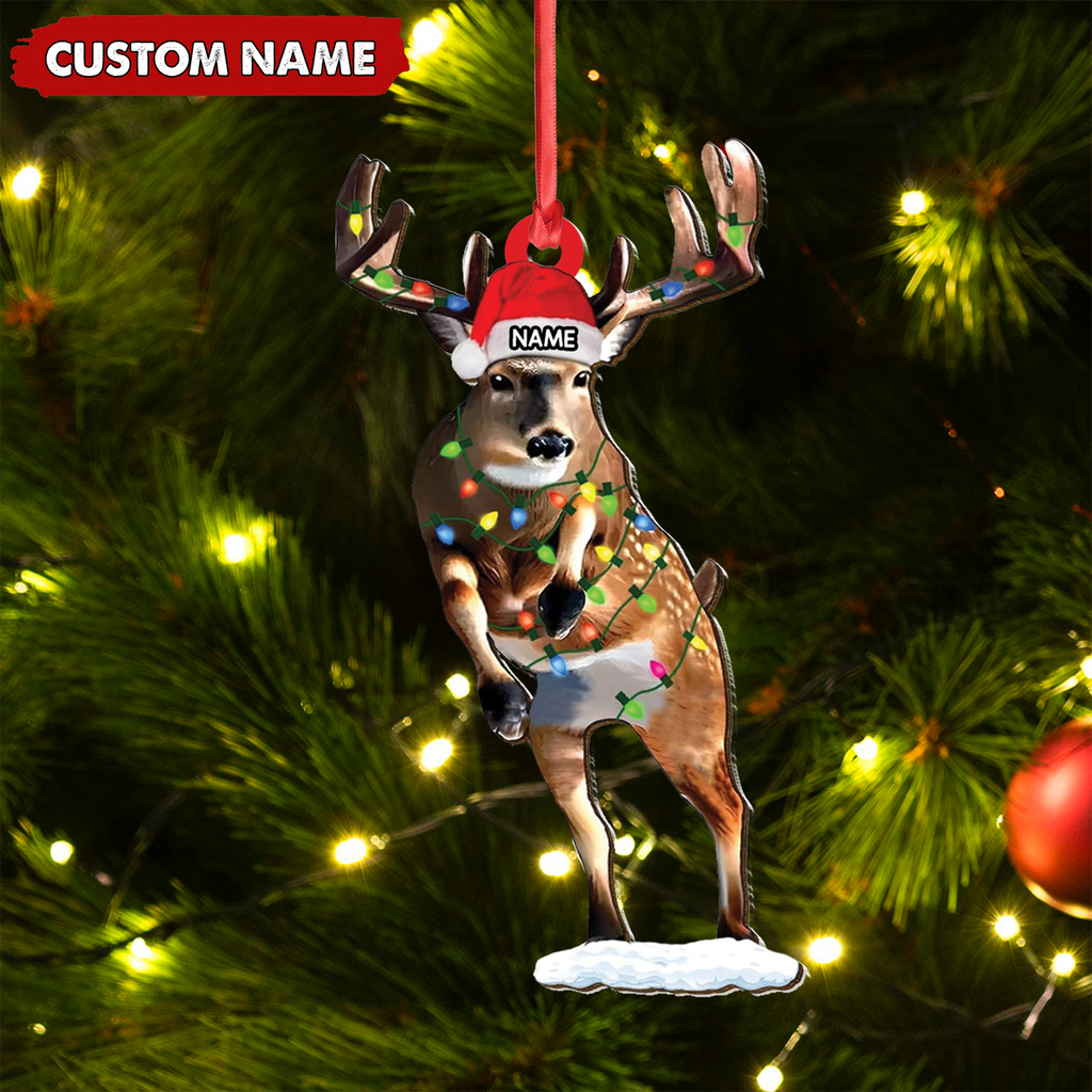 Personalized Deer Acrylic Christmas Ornament – Custom Name Buck with Lights Holiday Gift