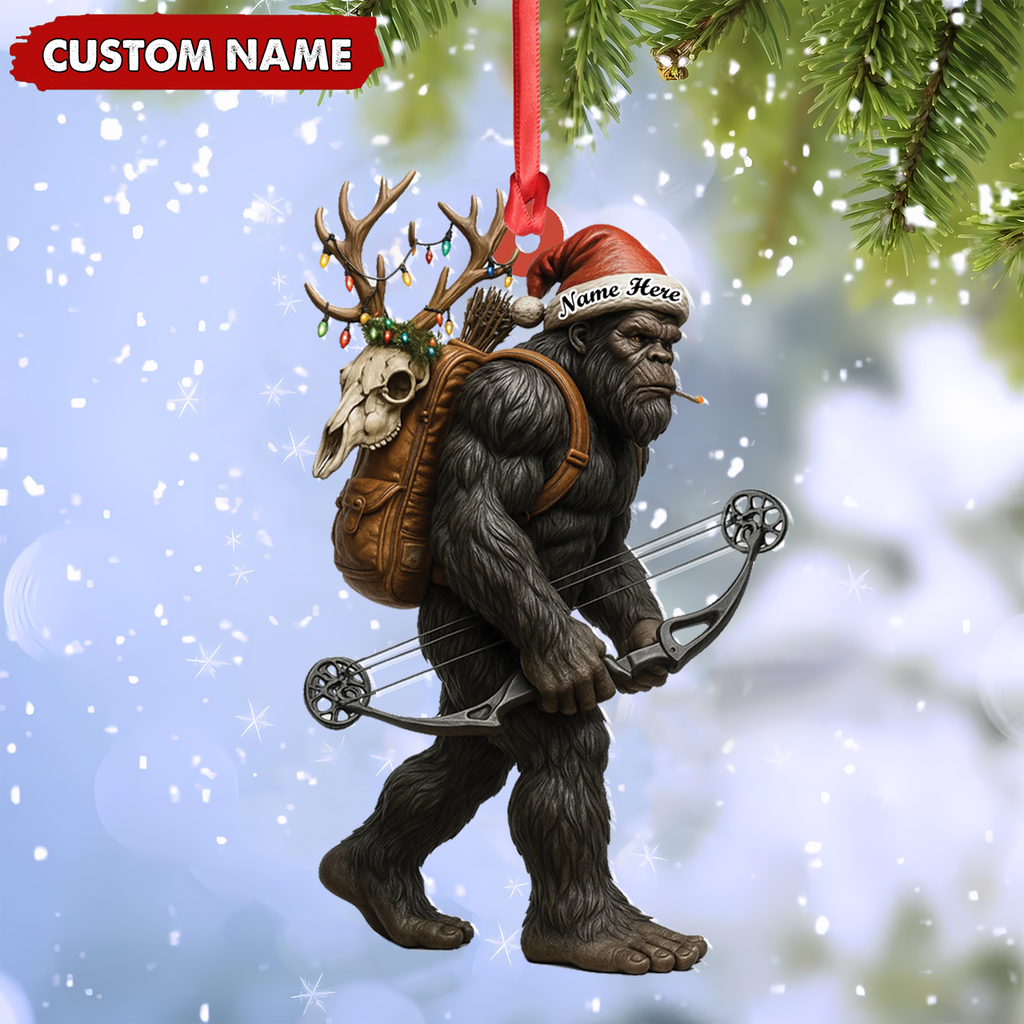 Bigfoot Hunter Christmas Ornament, Funny Sasquatch Archery Decor, Rustic Holiday Gift for Outdoor Adventure Lovers