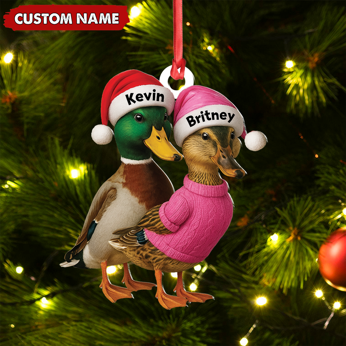 Custom Funny Duck Couple Christmas Ornament – Personalized Names, Custom Gift for Couples & Animal Lovers