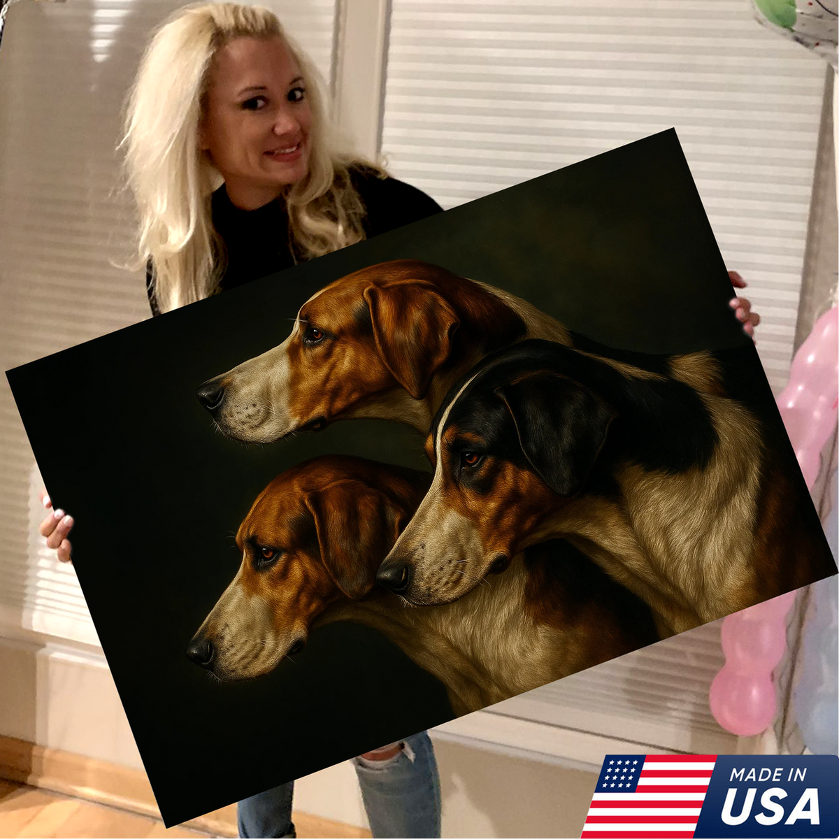 Hunting Dog Canvas Wall Art – Trio of Hounds Portrait, Rustic Lodge Decor