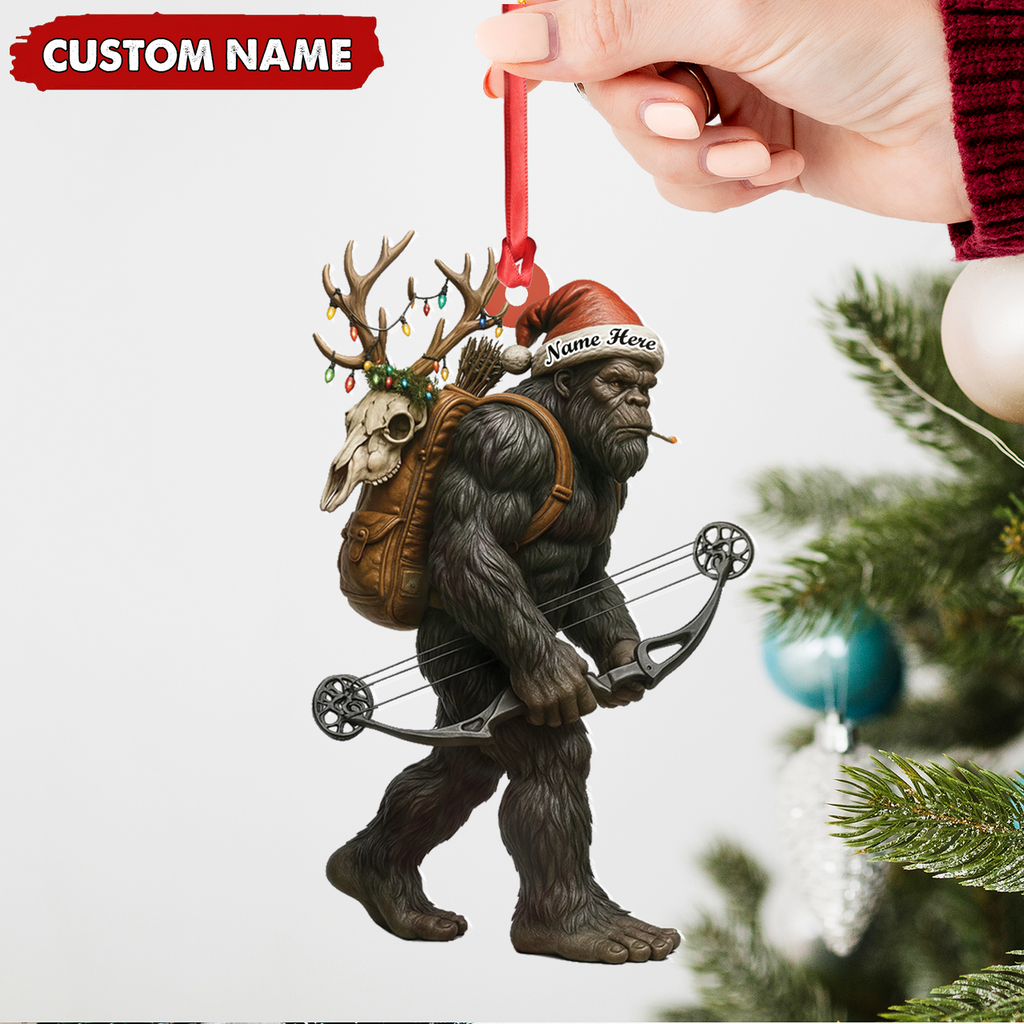 Bigfoot Hunter Christmas Ornament, Funny Sasquatch Archery Decor, Rustic Holiday Gift for Outdoor Adventure Lovers