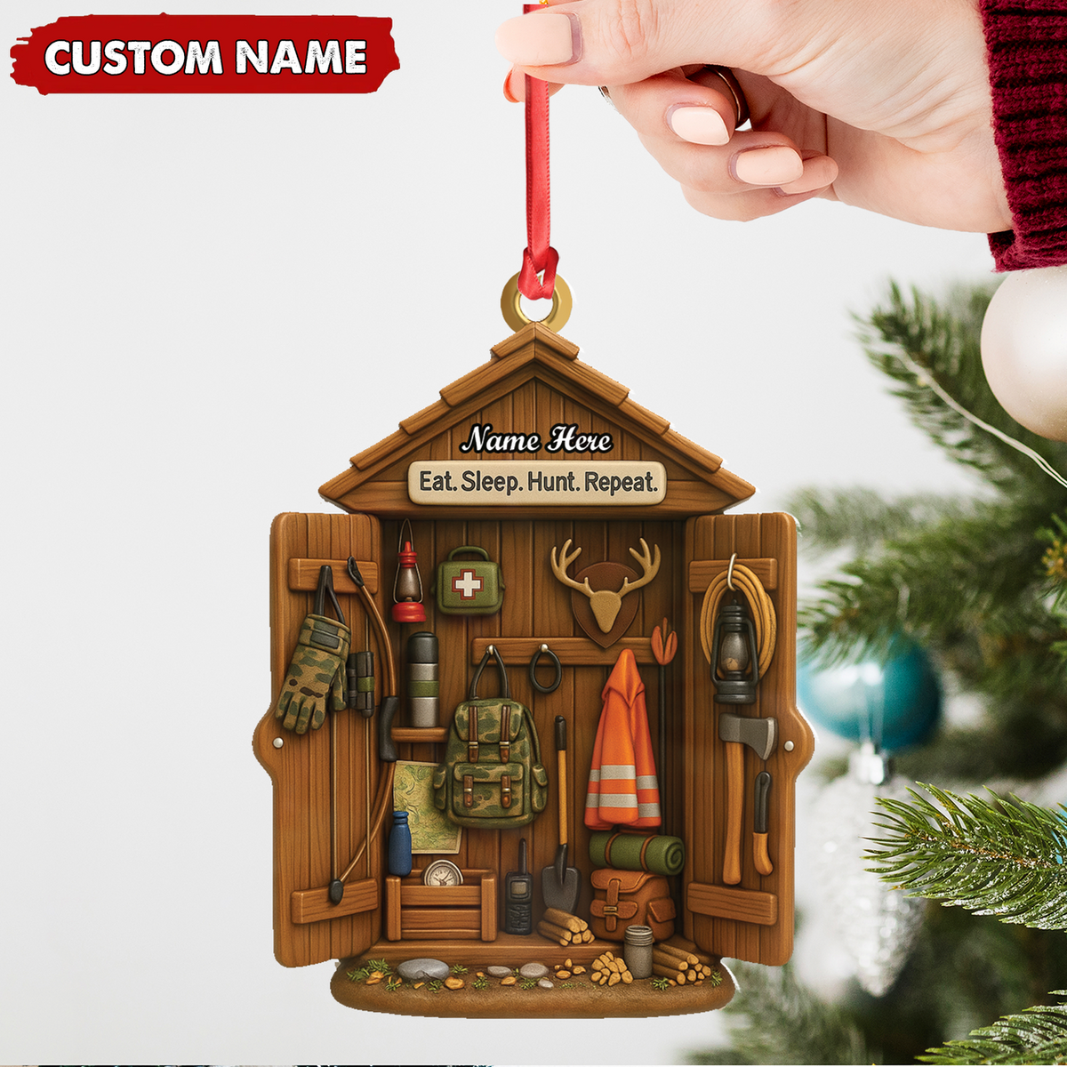 Personalized Hunter Gear Acrylic Ornament – Custom Name “Eat Sleep Hunt Repeat” Christmas Gift for Hunters