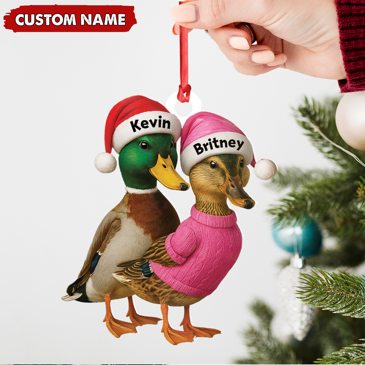 Custom Funny Duck Couple Christmas Ornament – Personalized Names, Custom Gift for Couples & Animal Lovers