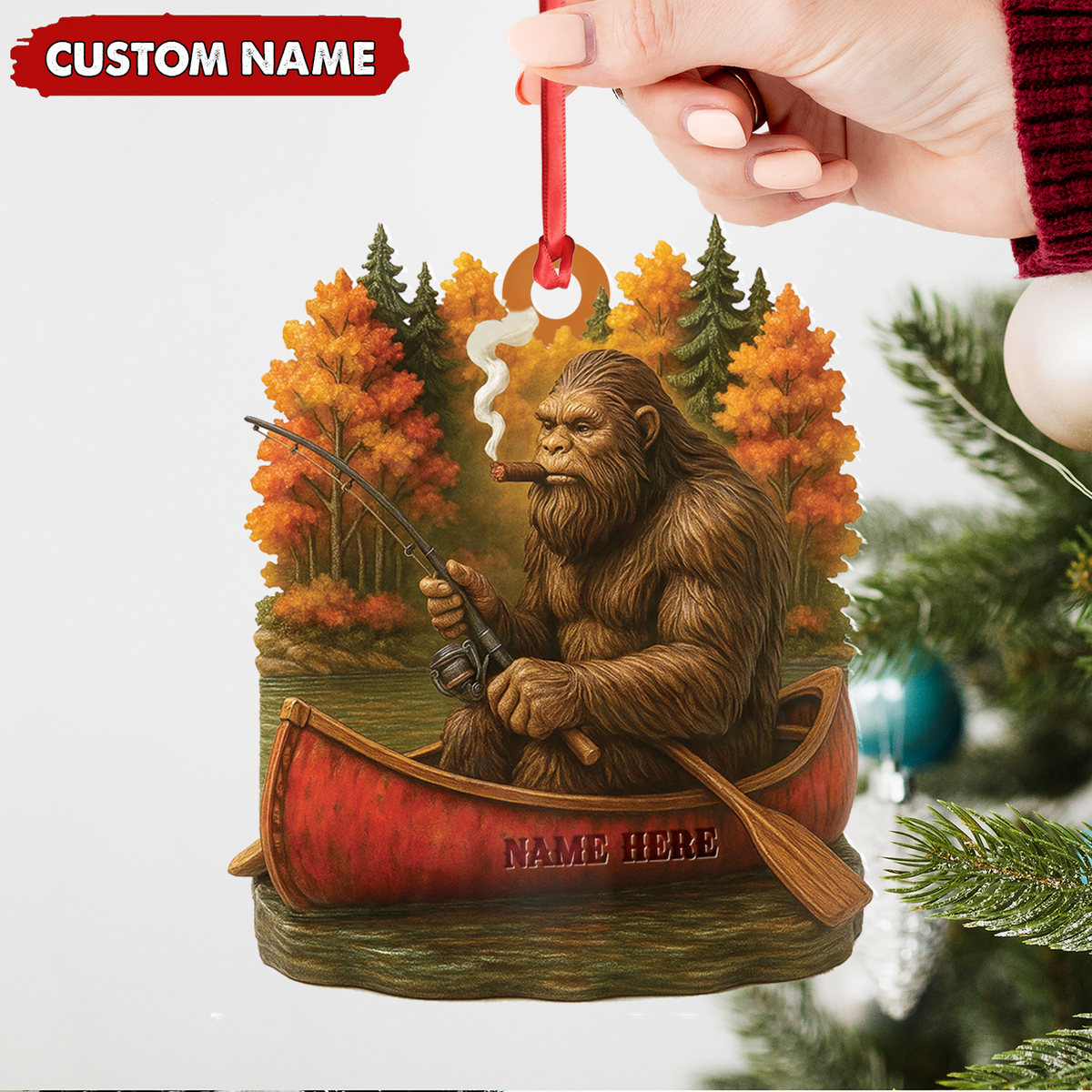 Personalized Bigfoot Fishing Ornament, Funny Sasquatch in Canoe Christmas Decor, Unique Gift for Fishermen and Outdoor Lovers