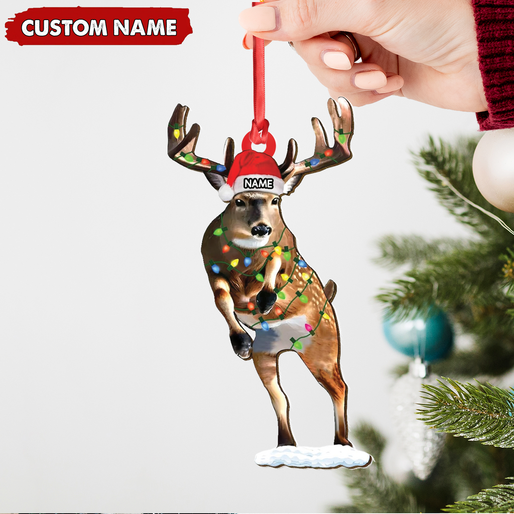 Personalized Deer Acrylic Christmas Ornament – Custom Name Buck with Lights Holiday Gift