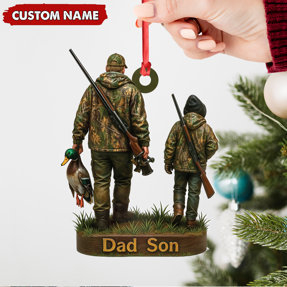Personalized Duck Hunting Ornament for Dad and Son, Father & Son Camo Hunting Decoration, Duck Hunter Gift for Outdoor Lovers