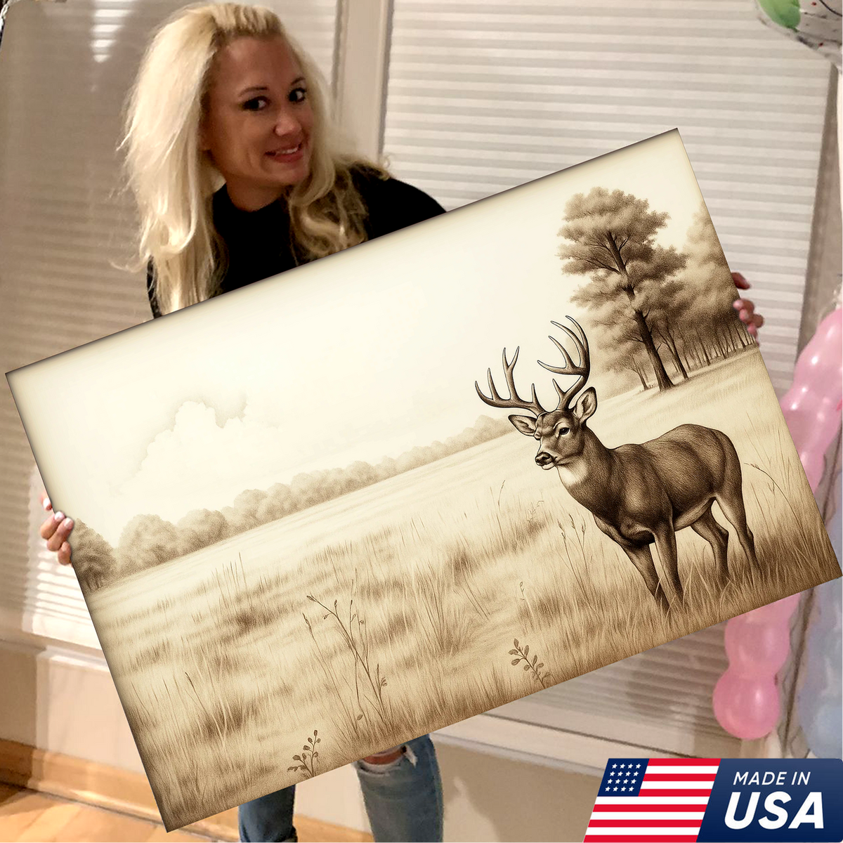 Whitetail Deer Canvas Wall Art – Rustic Hunting Lodge Decor, Sepia Wildlife Artwork