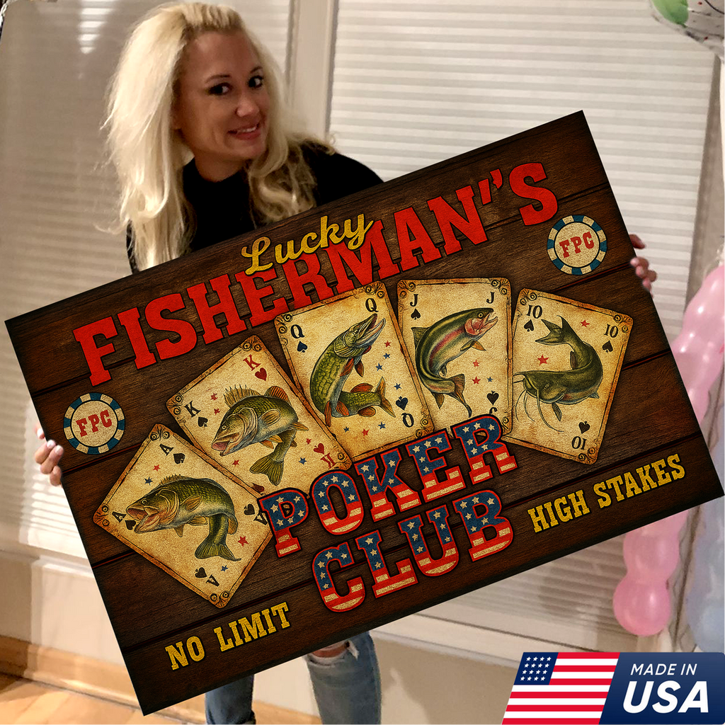 Lucky Fisherman’s Poker Club Wall Art – Vintage Fishing Playing Cards Canvas for Man Cave