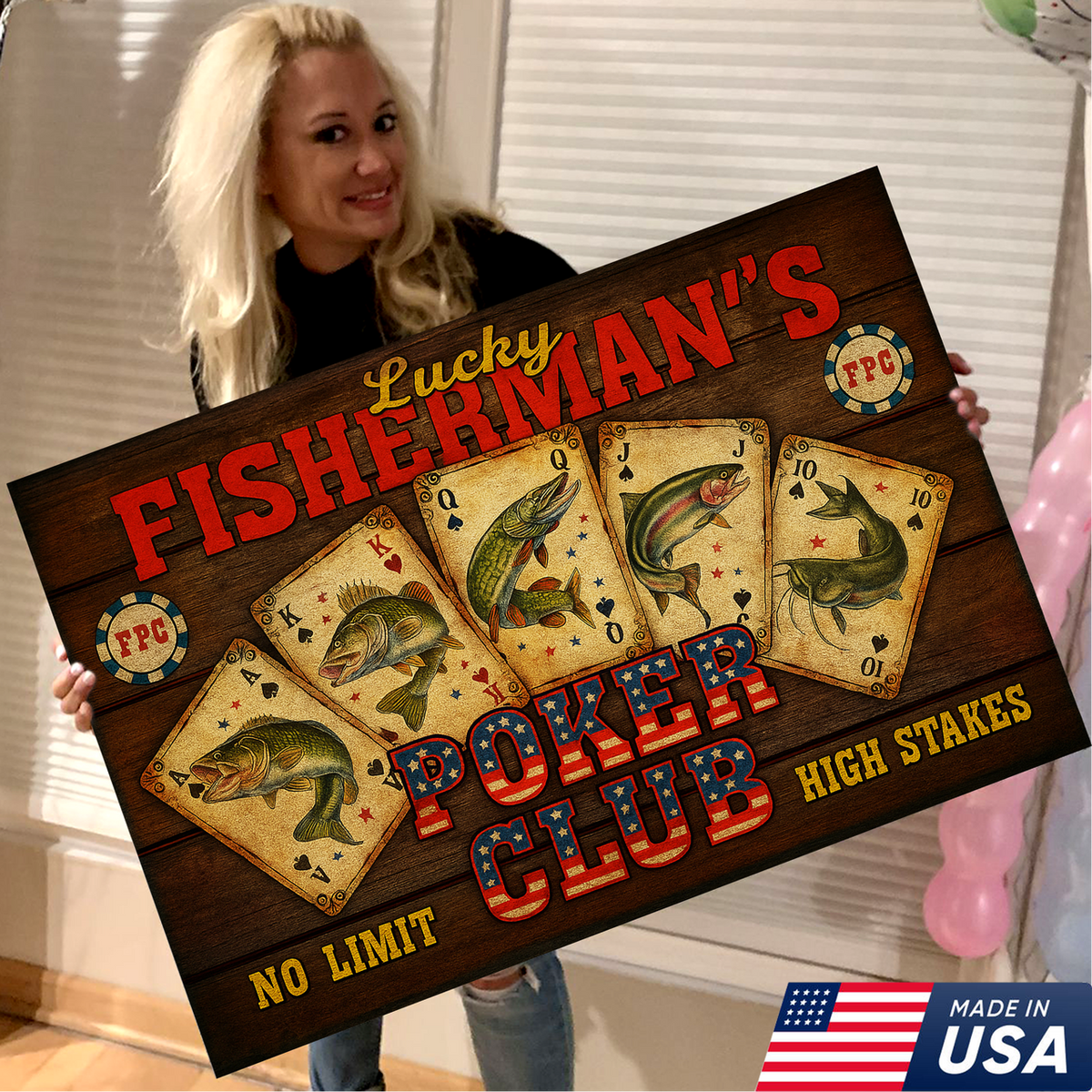 Lucky Fisherman’s Poker Club Wall Art – Vintage Fishing Playing Cards Canvas for Man Cave
