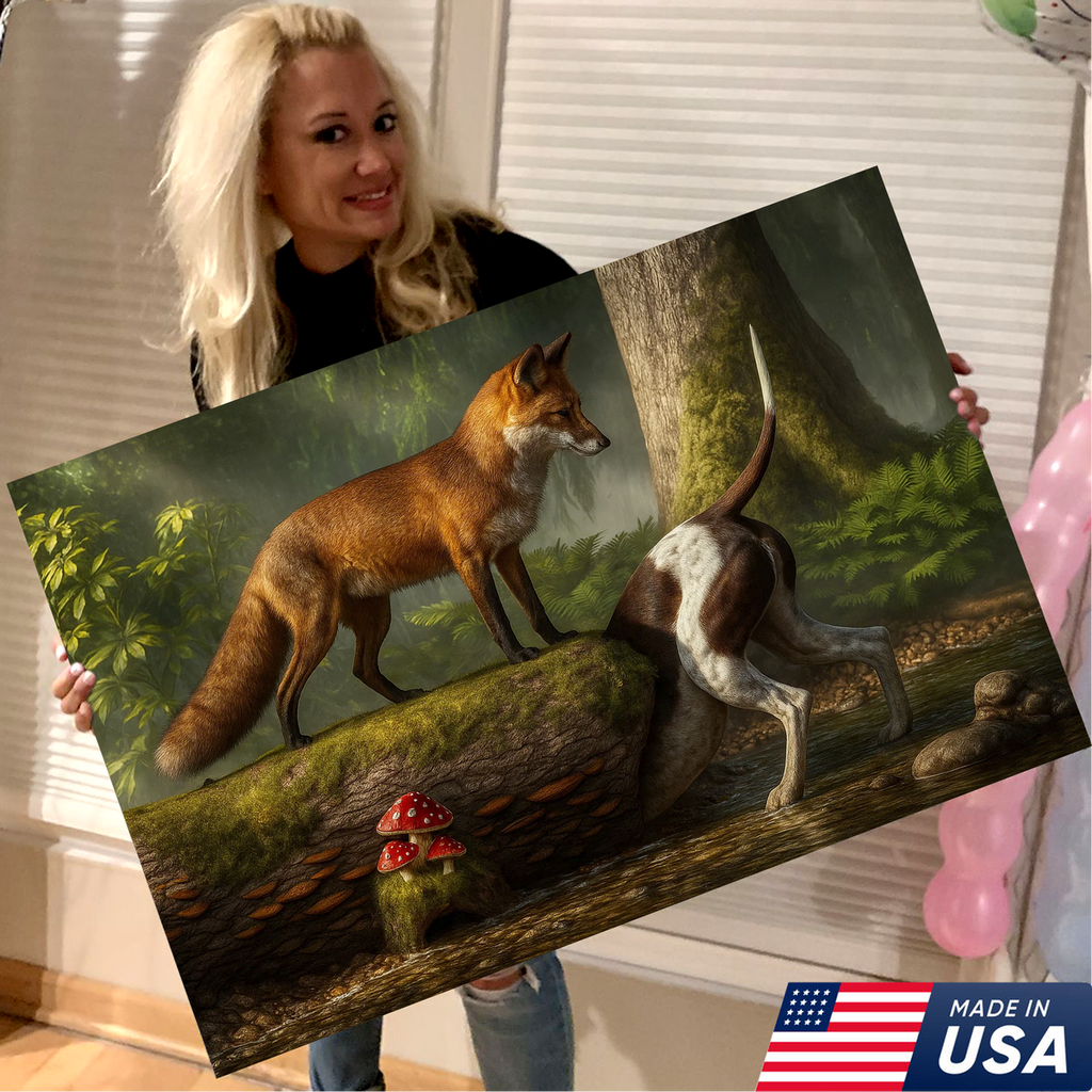 Fox and Hunting Dog Funny Canvas Wall Art – Rustic Wildlife Decor, Woodland Animal Painting