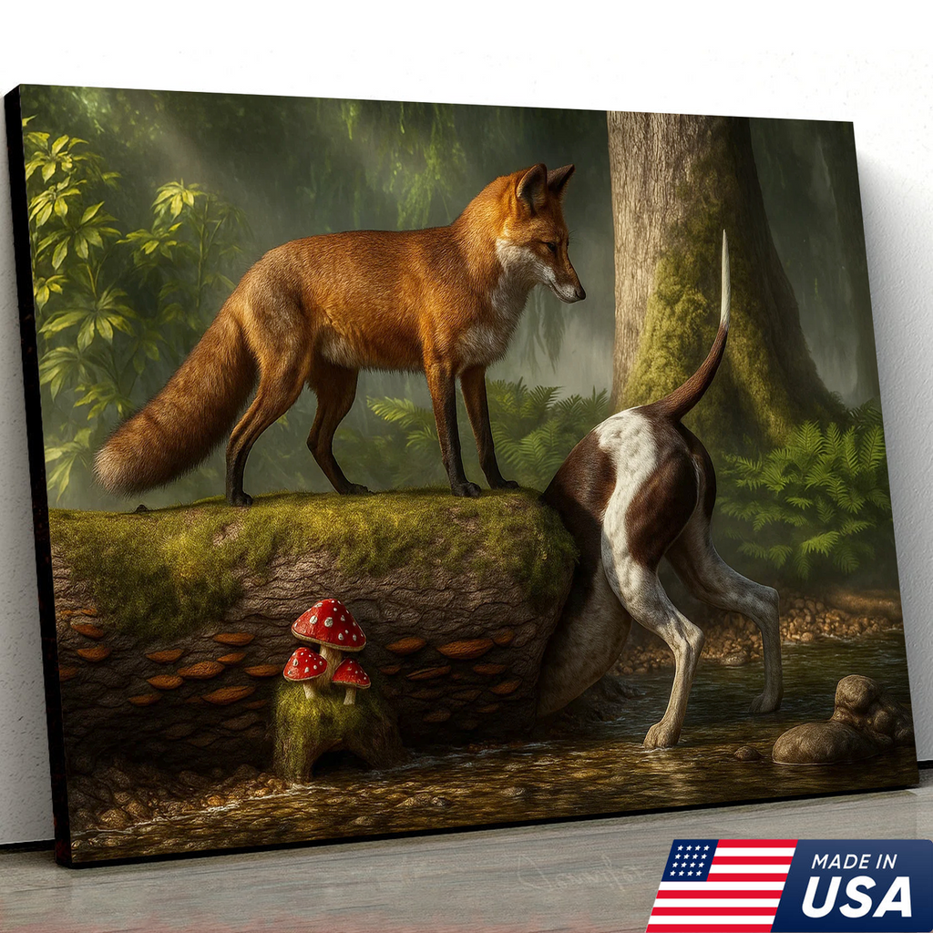 Fox and Hunting Dog Funny Canvas Wall Art – Rustic Wildlife Decor, Woodland Animal Painting
