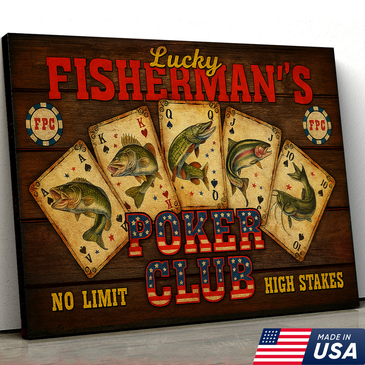 Lucky Fisherman’s Poker Club Wall Art – Vintage Fishing Playing Cards Canvas for Man Cave