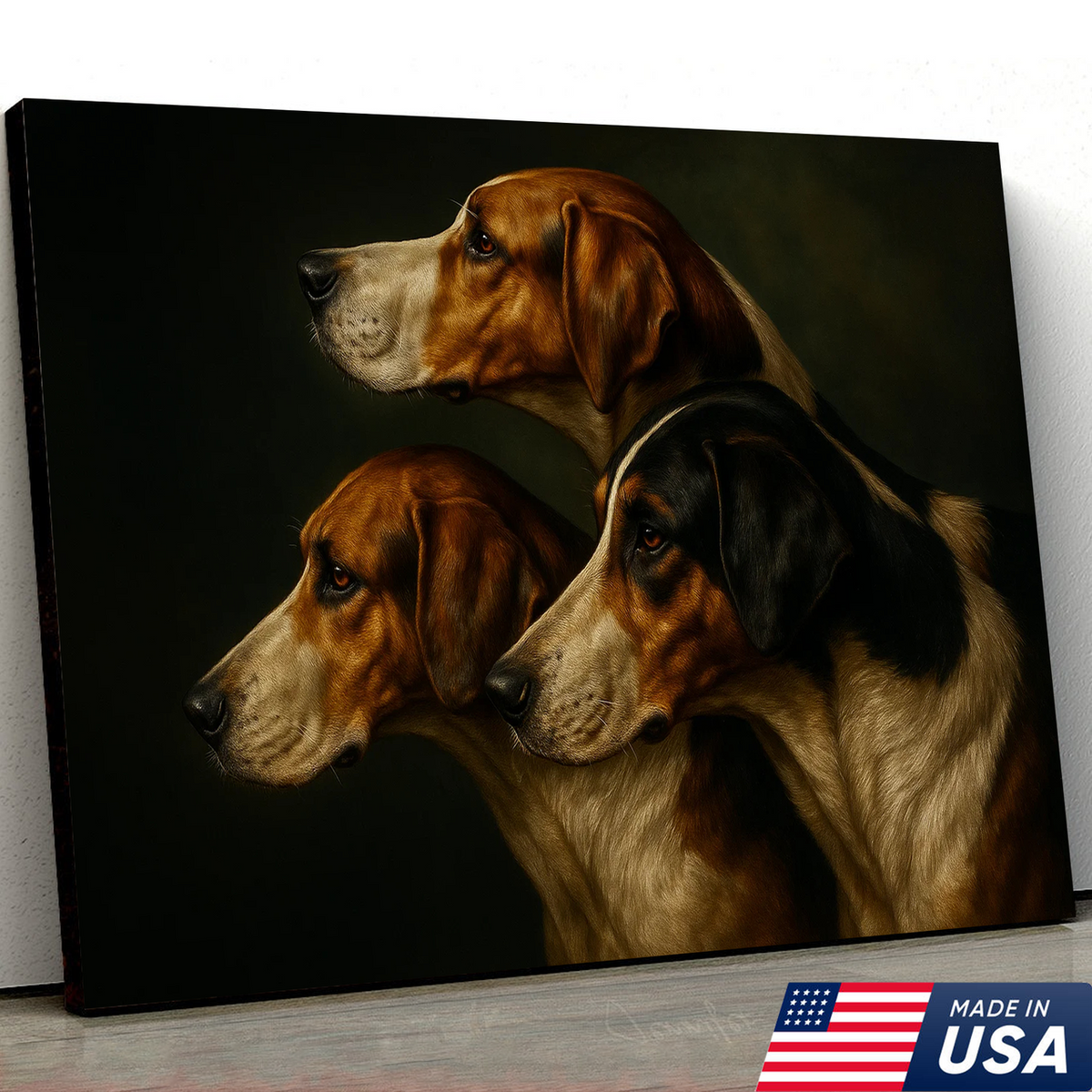 Hunting Dog Canvas Wall Art – Trio of Hounds Portrait, Rustic Lodge Decor