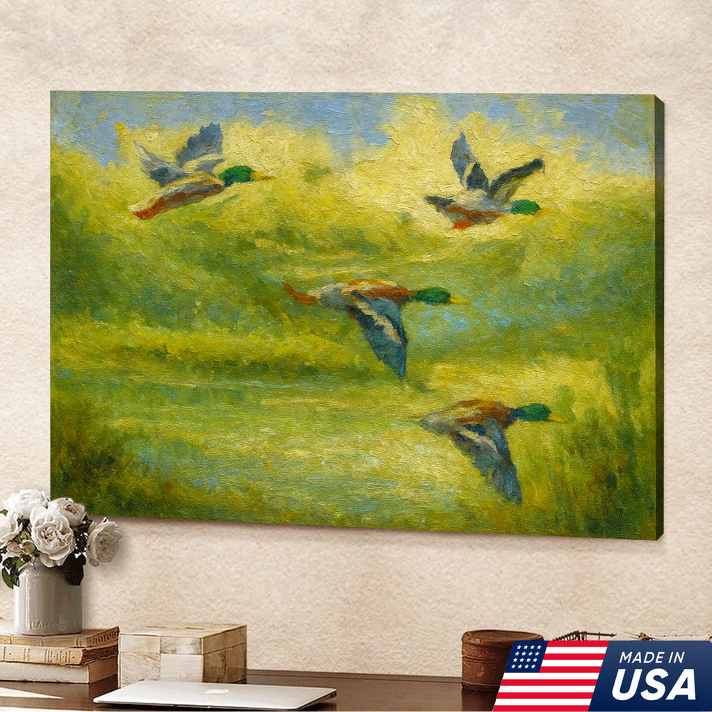Mallard Duck Hunting Canvas Wall Art – Rustic Wildlife Decor, Flying Ducks Painting
