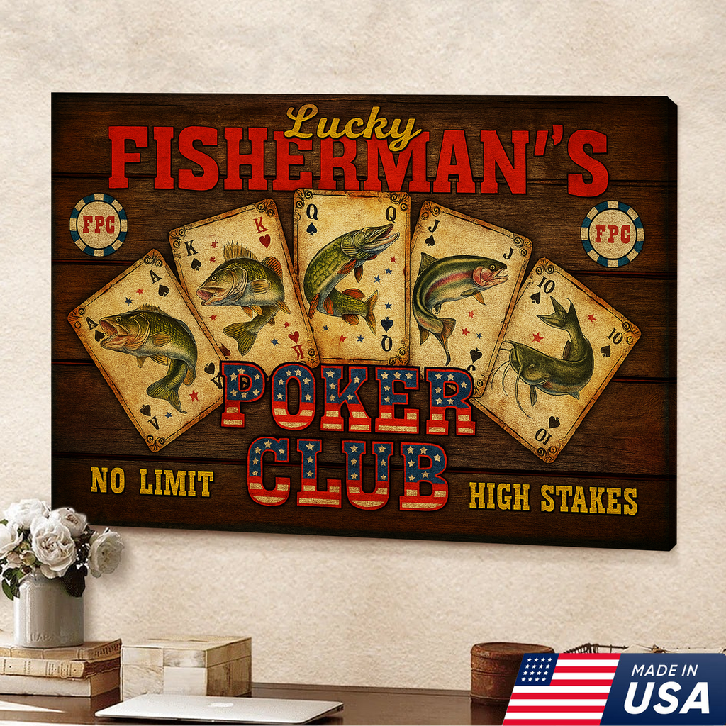 Lucky Fisherman’s Poker Club Wall Art – Vintage Fishing Playing Cards Canvas for Man Cave