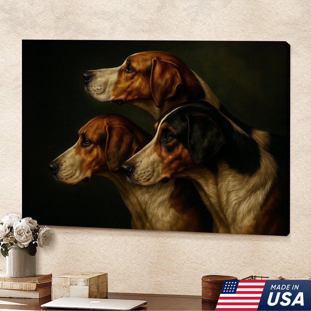 Hunting Dog Canvas Wall Art – Trio of Hounds Portrait, Rustic Lodge Decor