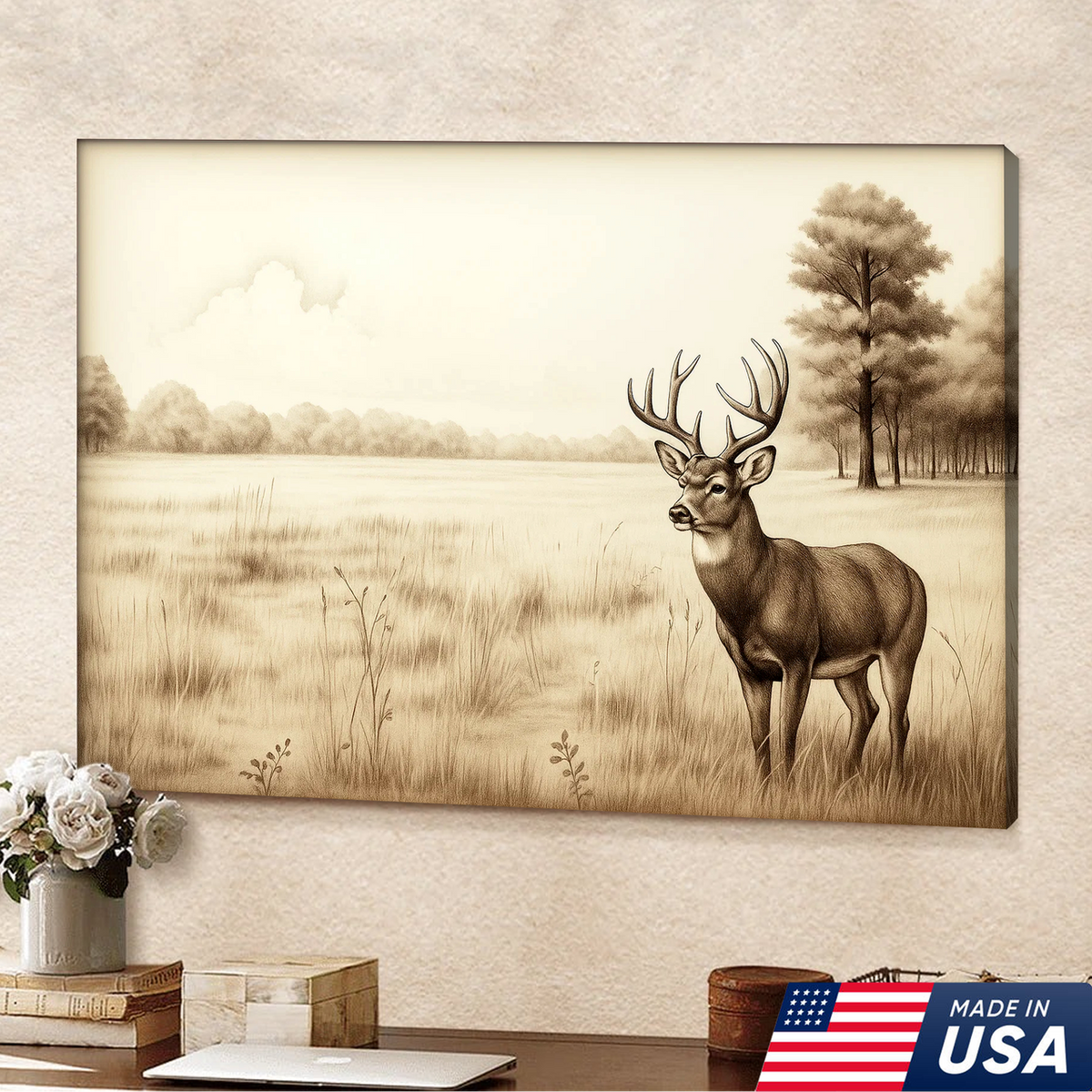 Whitetail Deer Canvas Wall Art – Rustic Hunting Lodge Decor, Sepia Wildlife Artwork