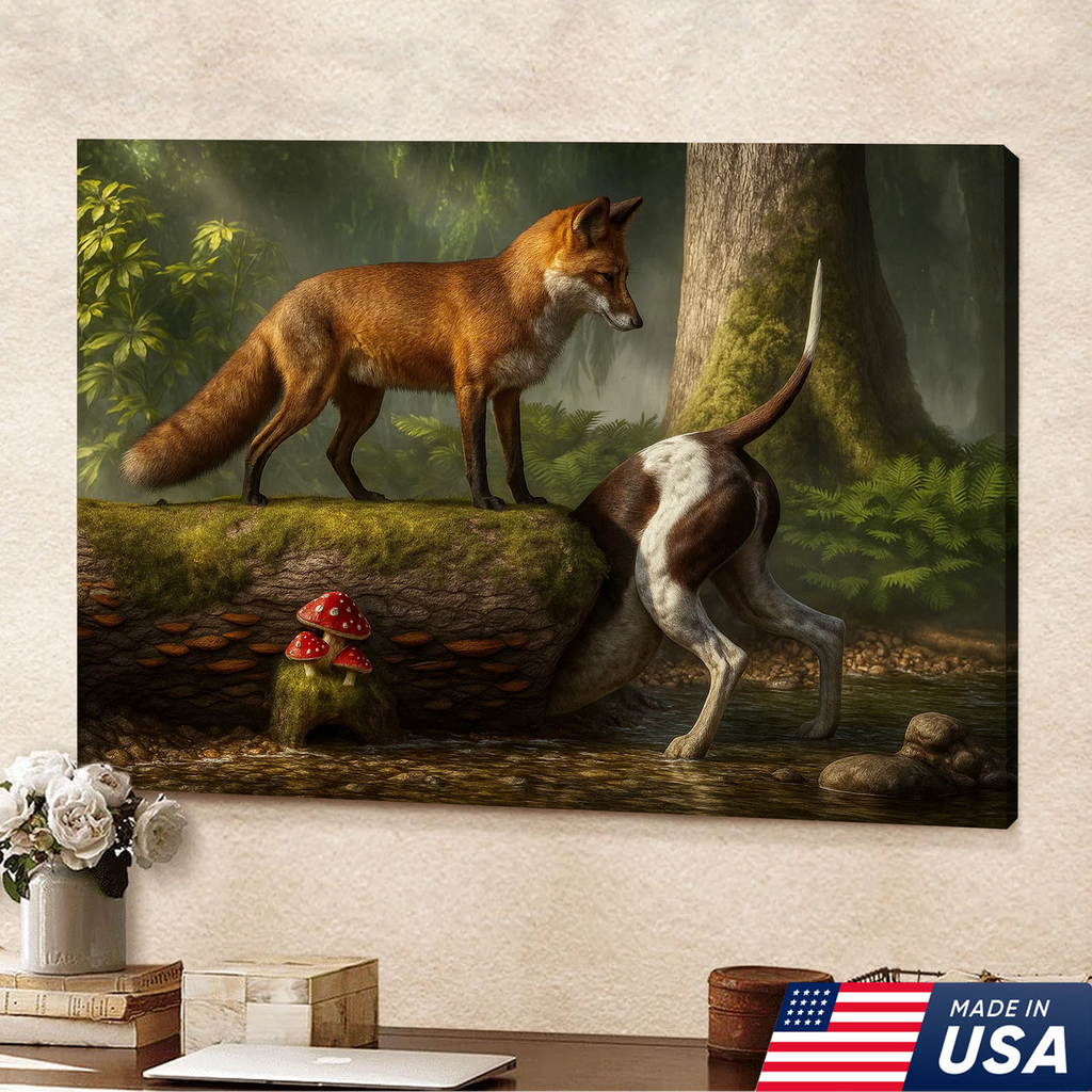 Fox and Hunting Dog Funny Canvas Wall Art – Rustic Wildlife Decor, Woodland Animal Painting