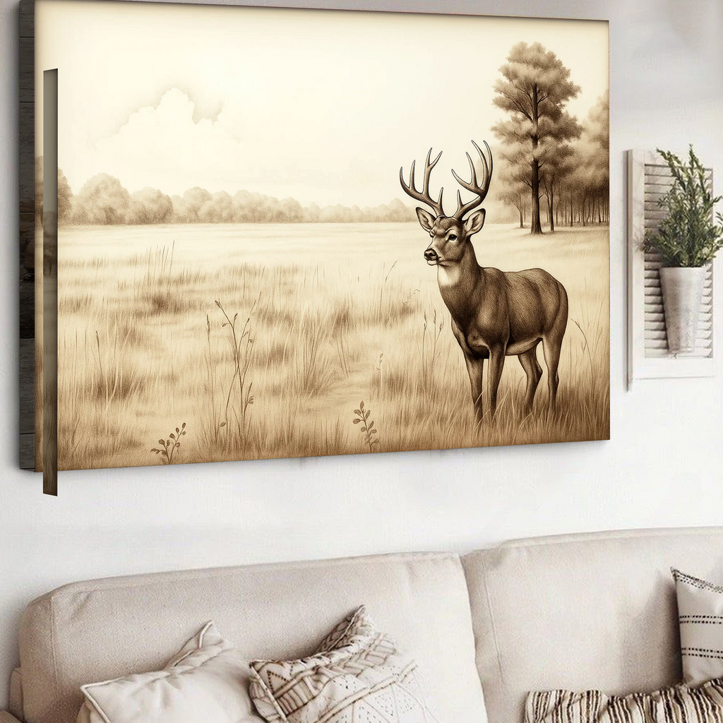 Whitetail Deer Canvas Wall Art – Rustic Hunting Lodge Decor, Sepia Wildlife Artwork