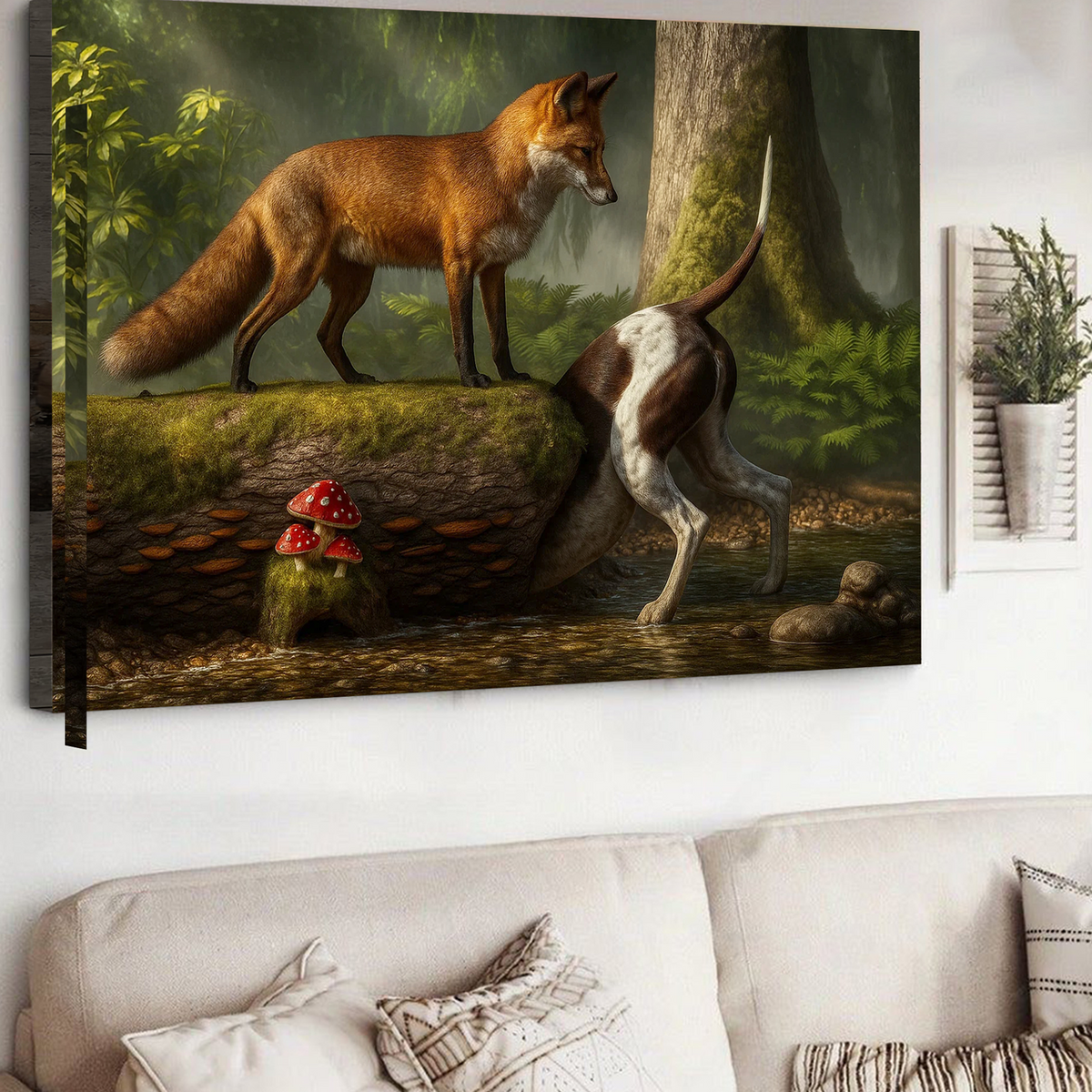 Fox and Hunting Dog Funny Canvas Wall Art – Rustic Wildlife Decor, Woodland Animal Painting