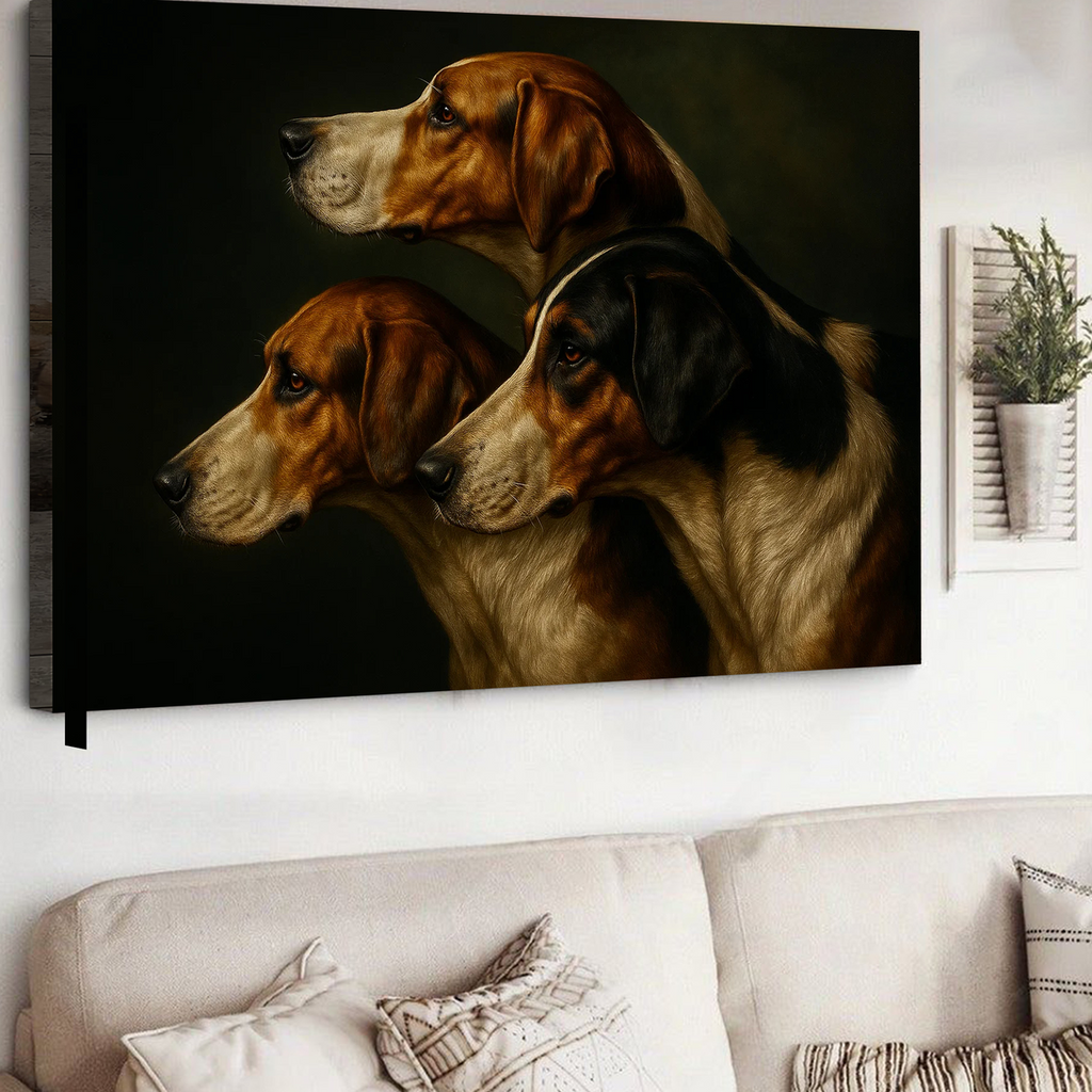 Hunting Dog Canvas Wall Art – Trio of Hounds Portrait, Rustic Lodge Decor