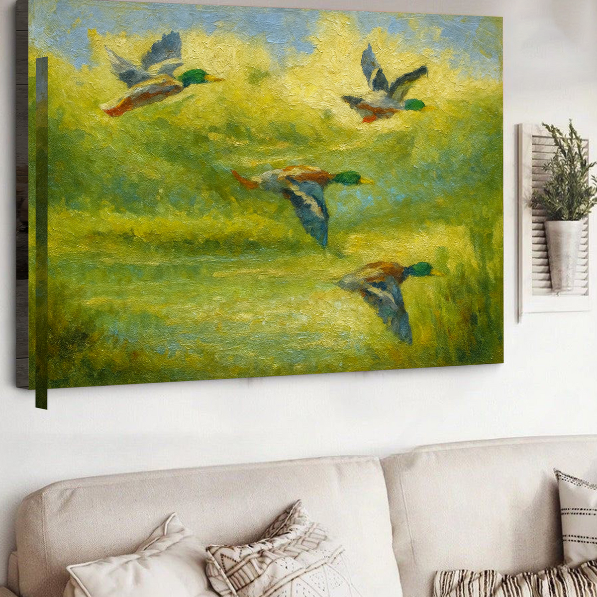 Mallard Duck Hunting Canvas Wall Art – Rustic Wildlife Decor, Flying Ducks Painting