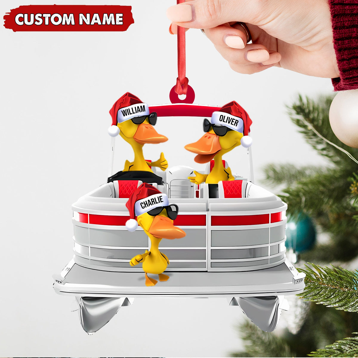 Personalized Funny Ducks Acrylic Christmas Ornament, Family Boat Xmas Gift for Friends & Hunters