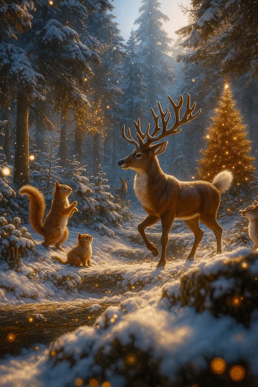 Christmas Deer Forest Wall Art Canvas – Magical Winter Woodland Print