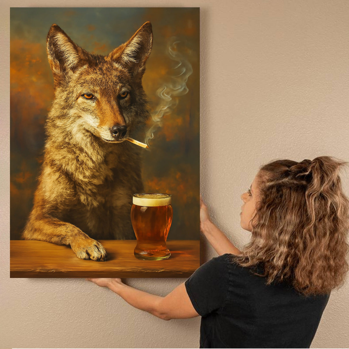 Smoking Wolf Coyote with Cocktail Glasses Canvas – Funny Hunting Wall Art for Man Caves