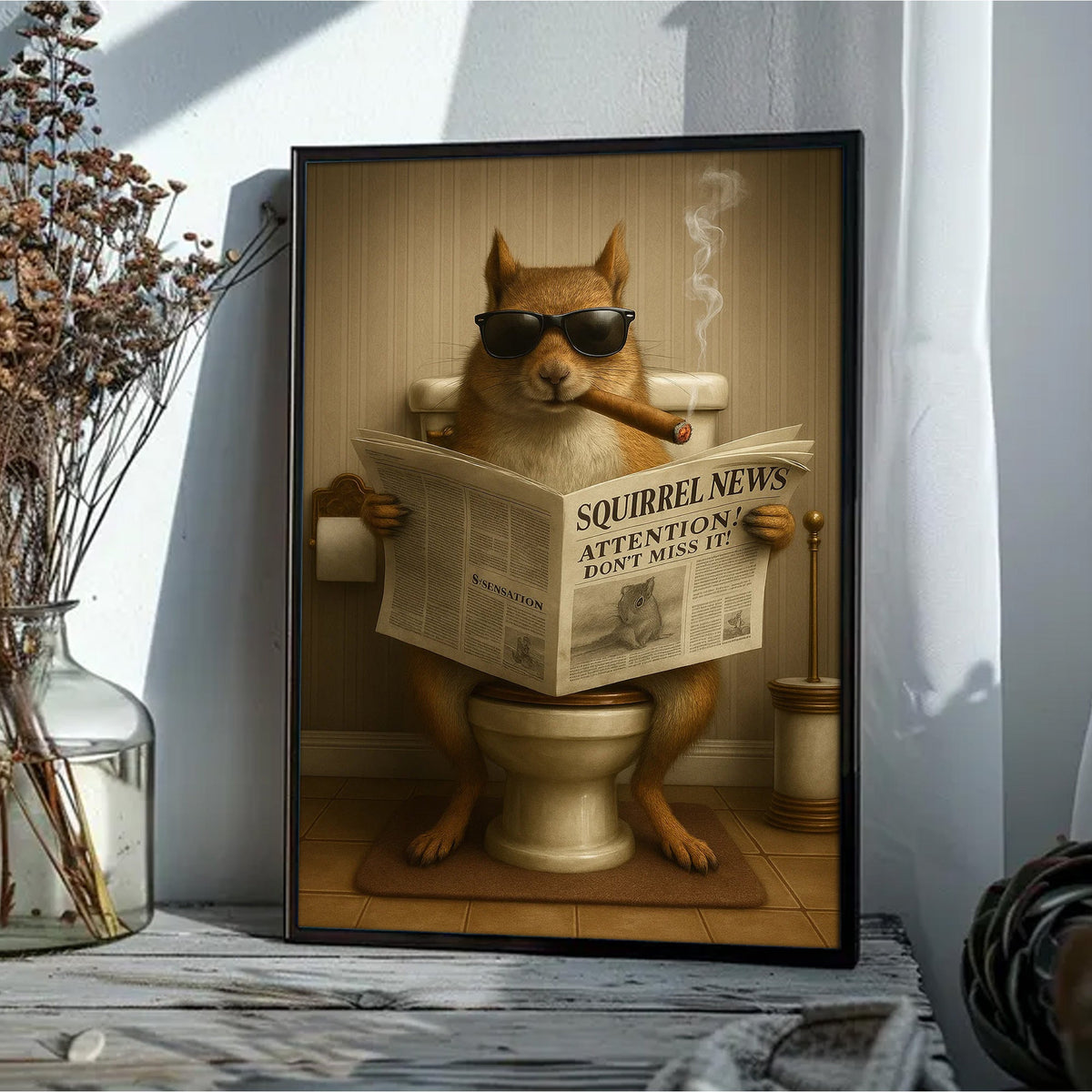 Squirrel Reading News Smoking Bathroom Wall Art – Rustic Decor for Men, Hunting Cabin Canvas