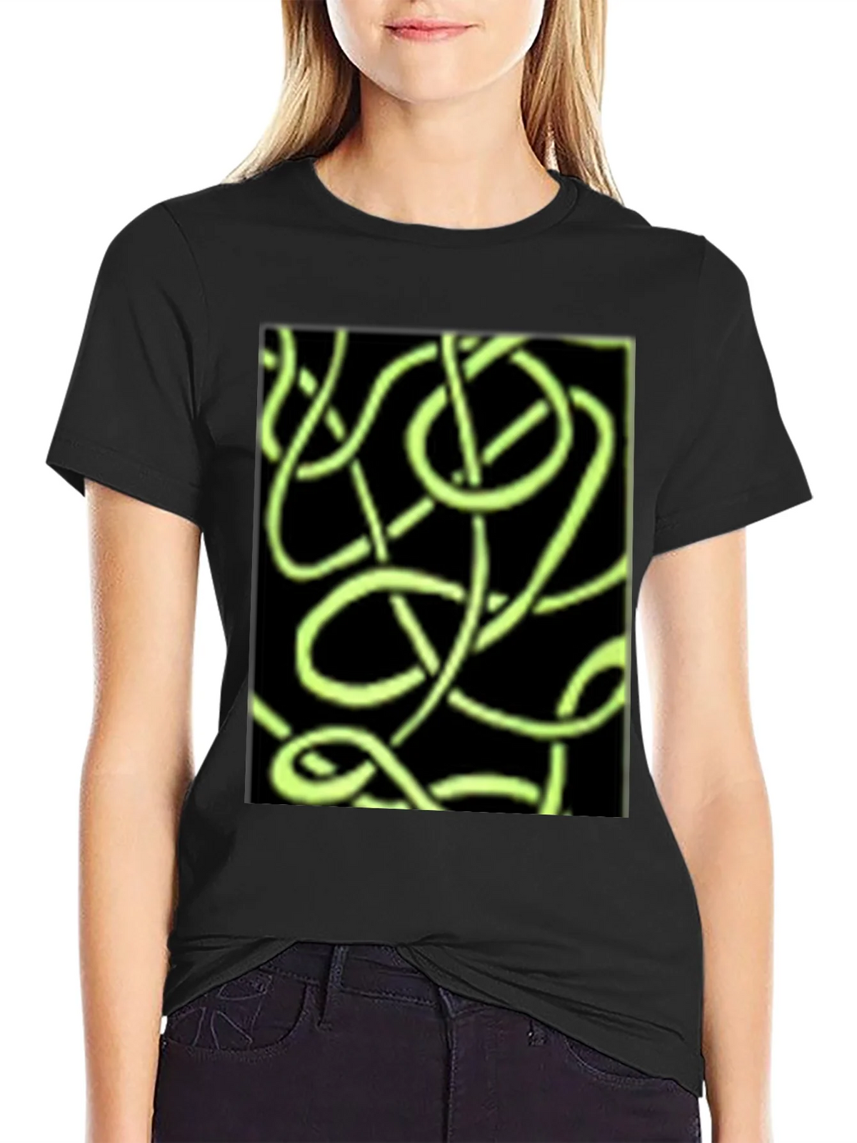Abstract Neon Green Lines Graphic Black T-Shirt product image 1