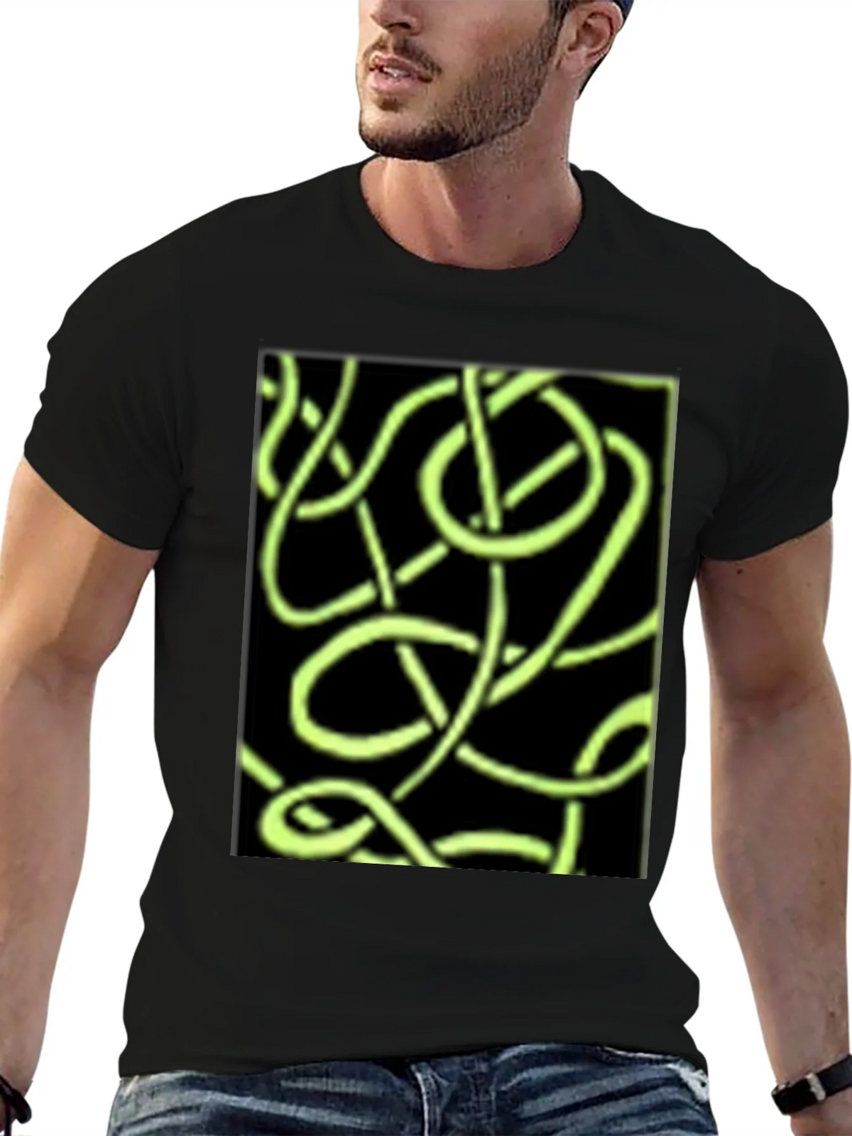 Abstract Neon Green Lines Graphic Black T-Shirt product image 5