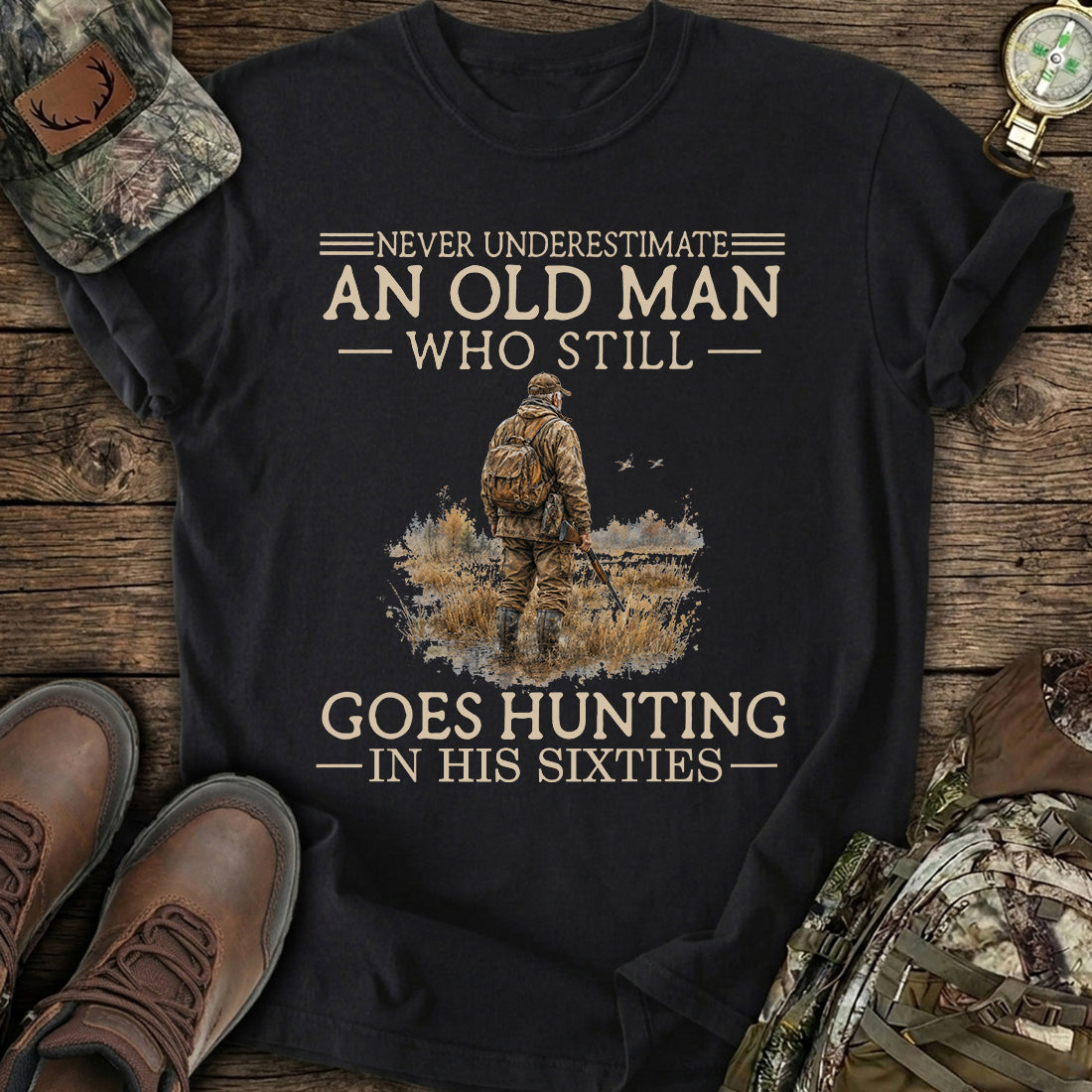 Never Underestimate An Old Man Hunting Sixties T-Shirt product image 1