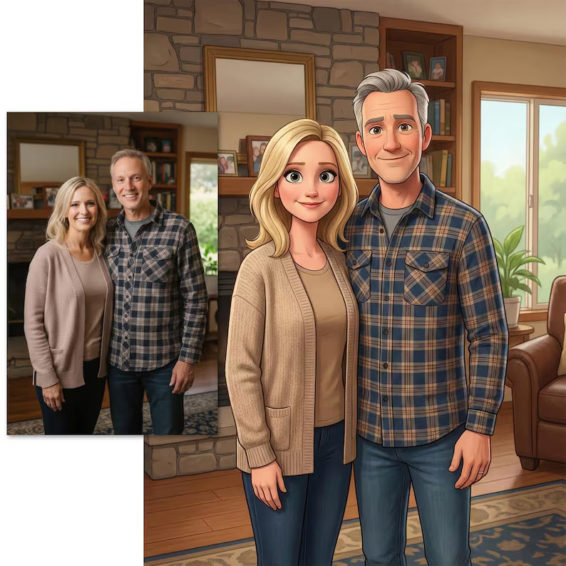 Custom Pixar-Style Cartoon Family Portrait Drawing