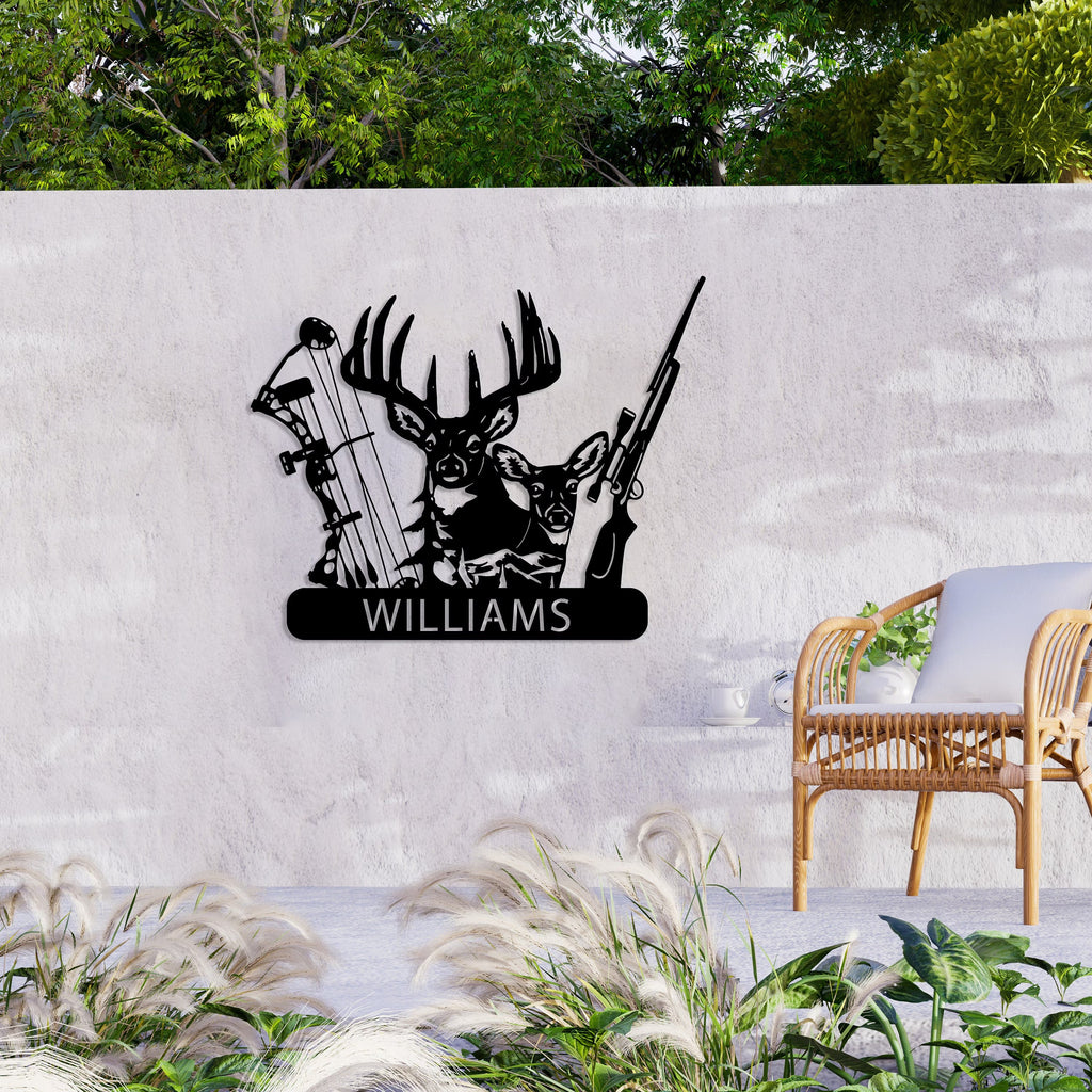 Personalized Deer Hunter Metal Wall Art, Custom Name Bow and Hunting Rifle Sign