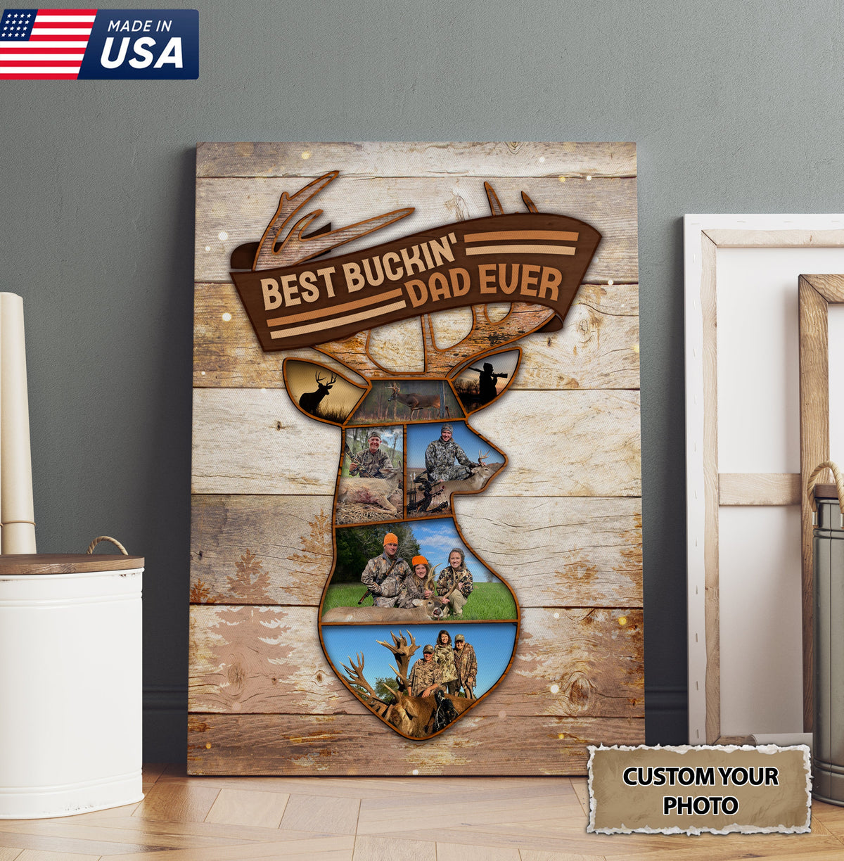 Personalized Best Buckin’ Dad Ever Hunting Photo Collage Canvas – Custom Deer Hunting Gift for Dad