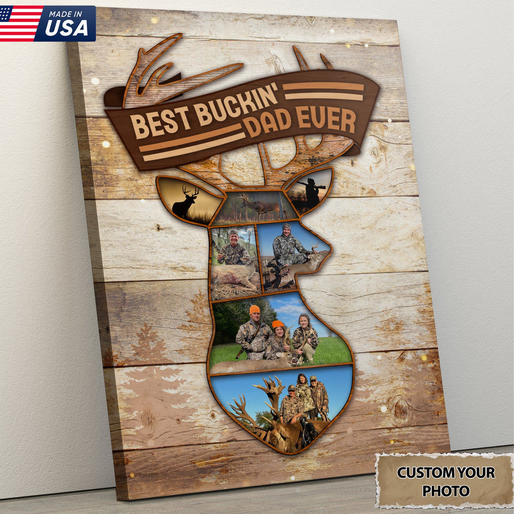 Personalized Best Buckin’ Dad Ever Hunting Photo Collage Canvas – Custom Deer Hunting Gift for Dad