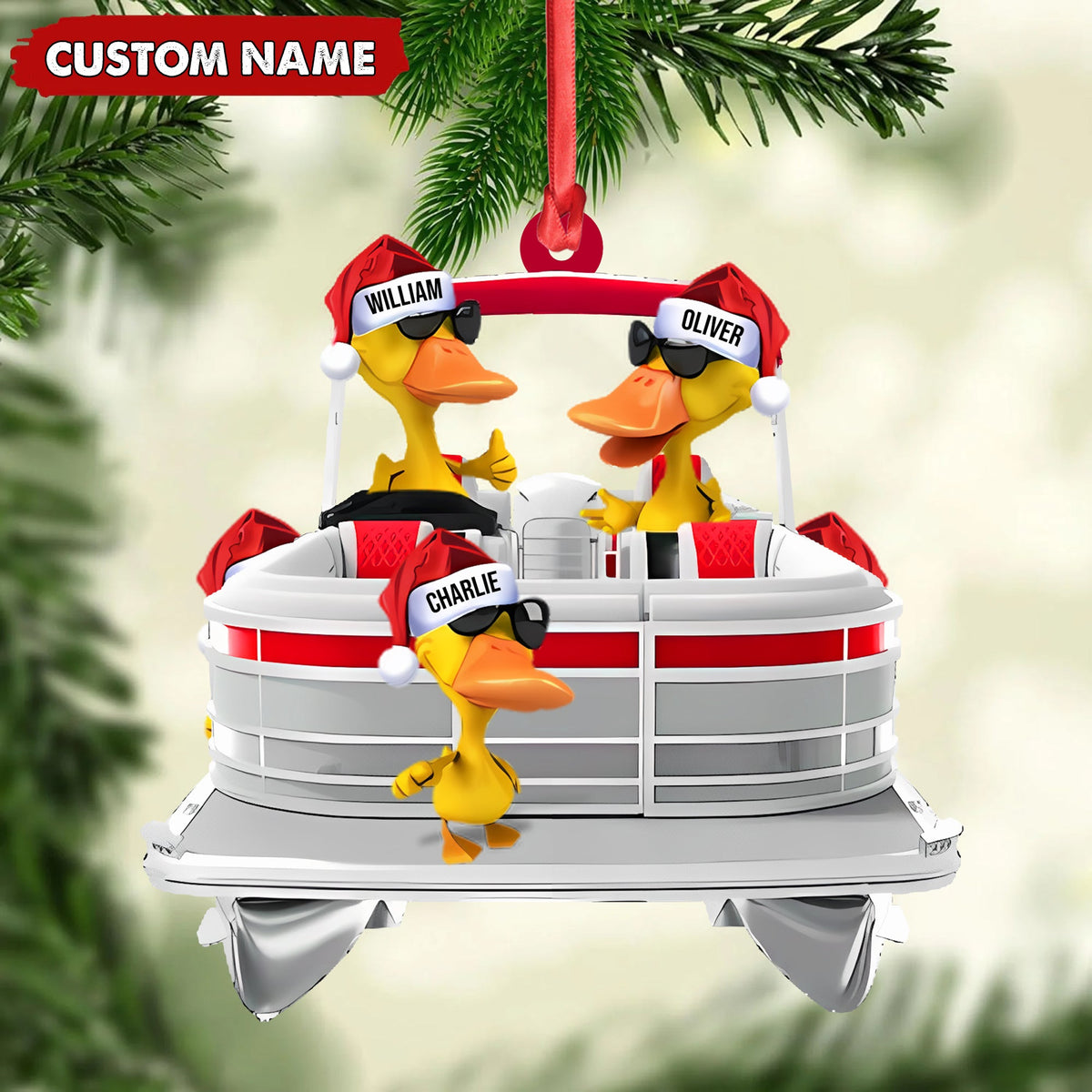 Personalized Funny Ducks Acrylic Christmas Ornament, Family Boat Xmas Gift for Friends & Hunters
