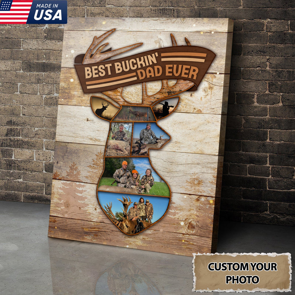 Personalized Best Buckin’ Dad Ever Hunting Photo Collage Canvas – Custom Deer Hunting Gift for Dad