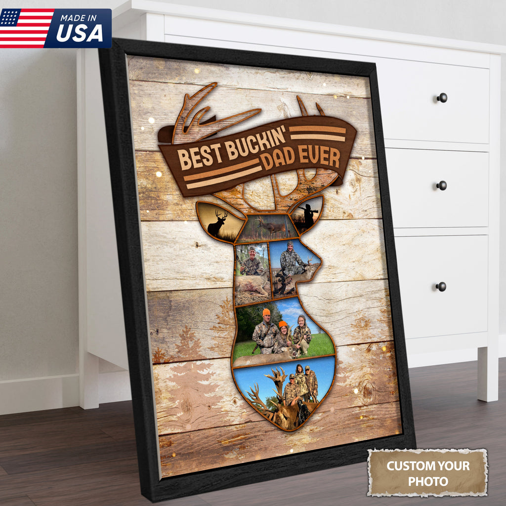 Personalized Best Buckin’ Dad Ever Hunting Photo Collage Canvas – Custom Deer Hunting Gift for Dad