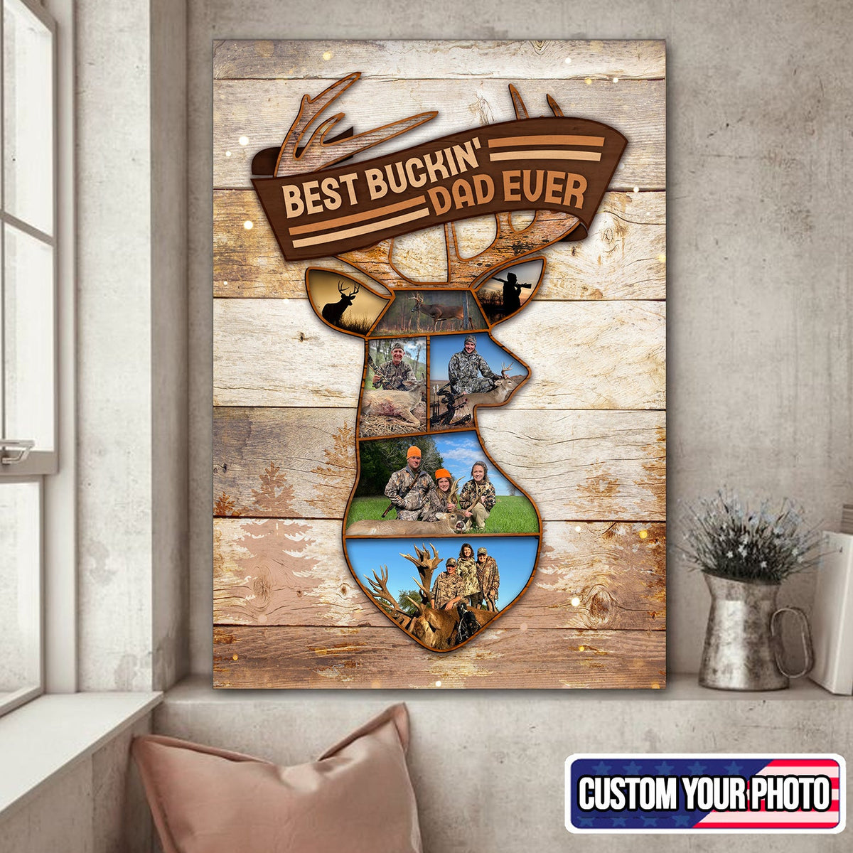 Personalized Best Buckin’ Dad Ever Hunting Photo Collage Canvas – Custom Deer Hunting Gift for Dad