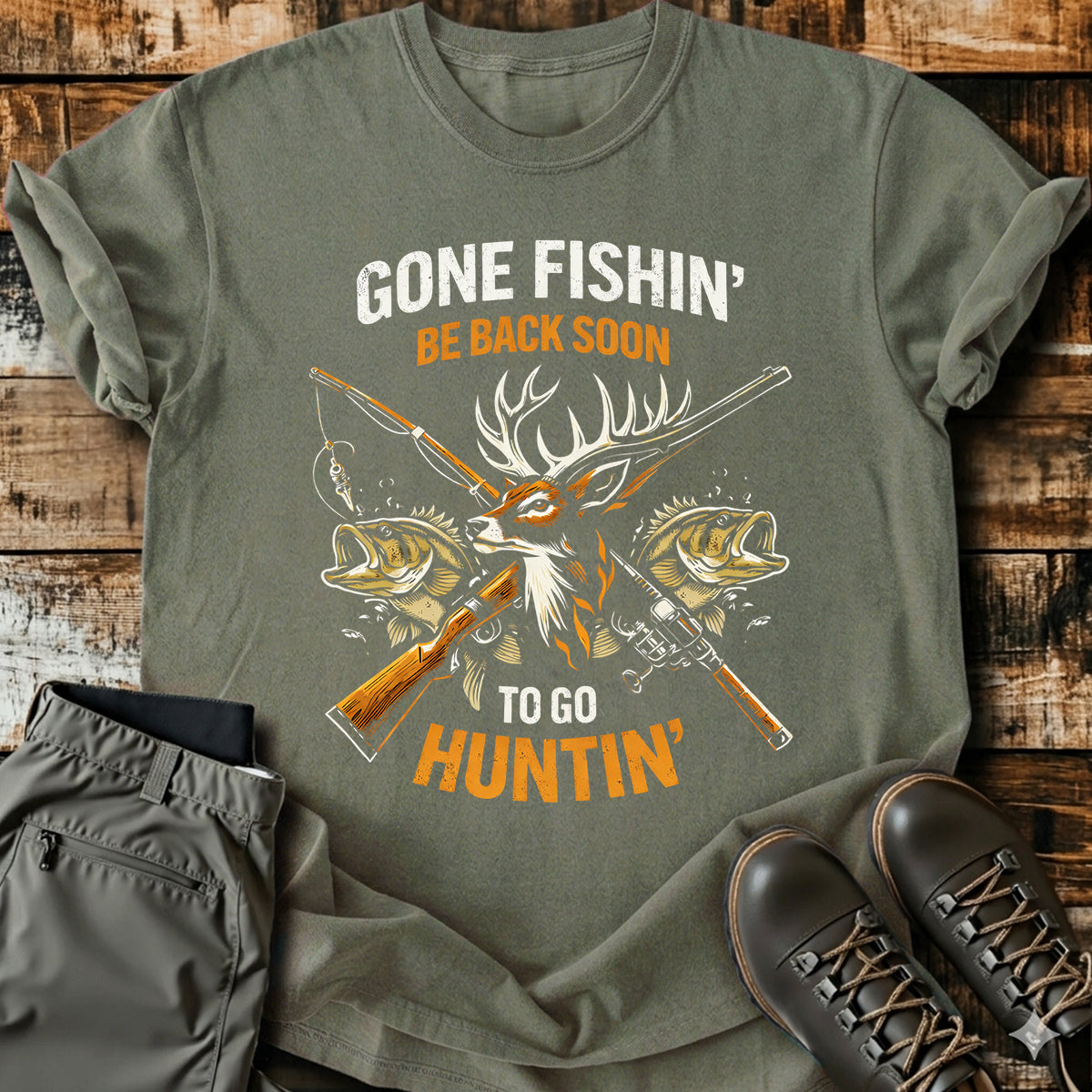 Gone Fishing Hunting Deer T-Shirt product image 1