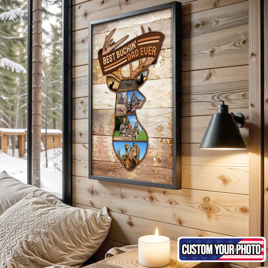 Personalized Best Buckin’ Dad Ever Hunting Photo Collage Canvas – Custom Deer Hunting Gift for Dad