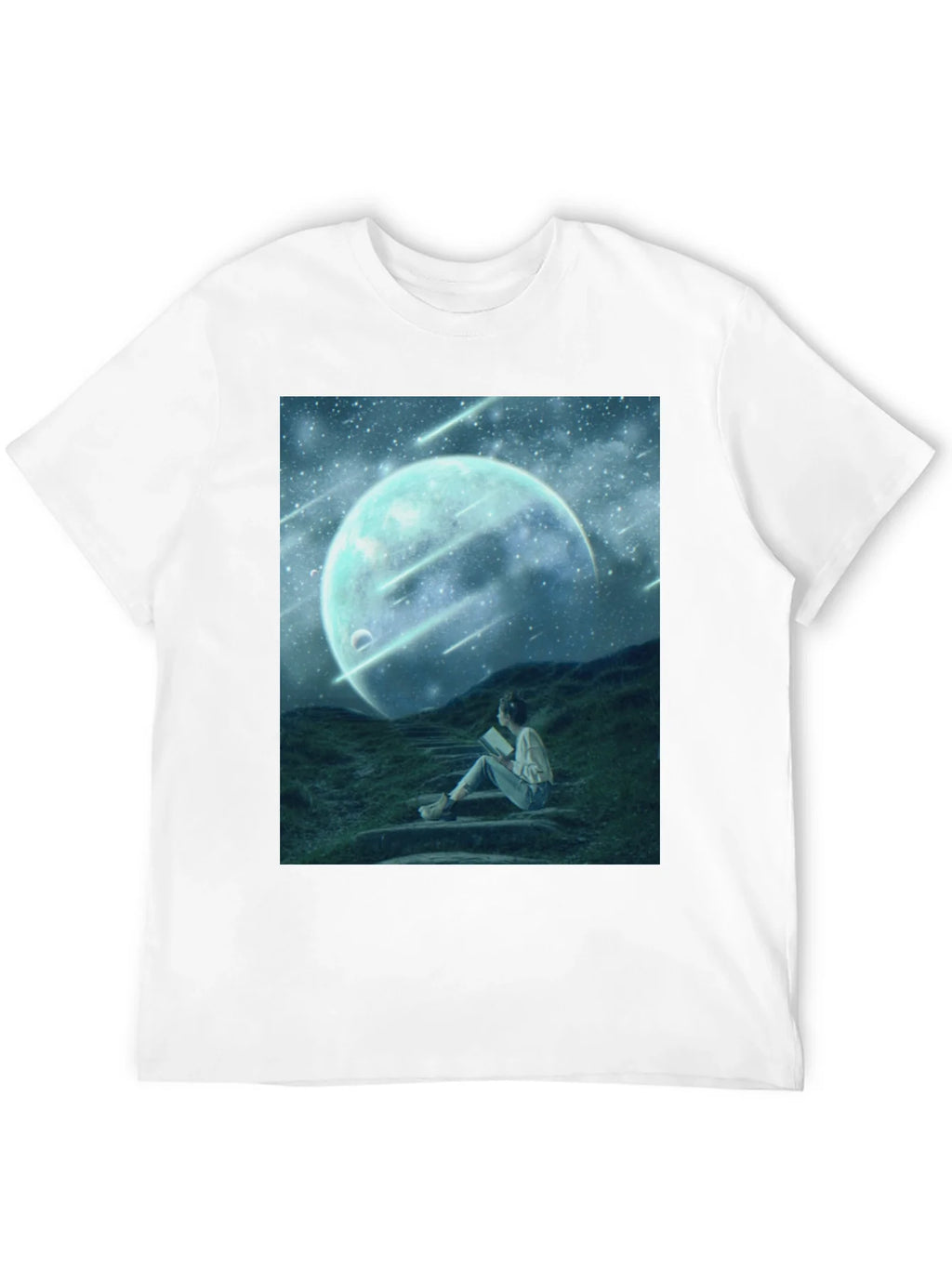 Celestial Dreamscape T-Shirt: Moon Stars Reader product image 11